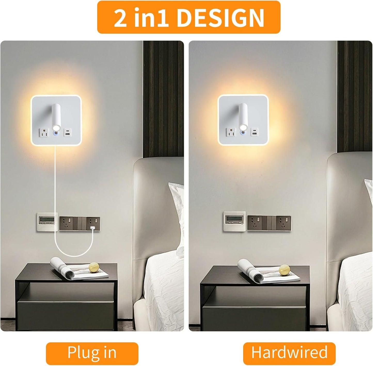 LED Wall Lamp Dimming Wall Mounted Reading Lights, Adjustable Headboard Plug in Wall Sconce with USB+USB C Ports, Headboard Bedside Lamp with 6W+3W Night Light 3000K (White)