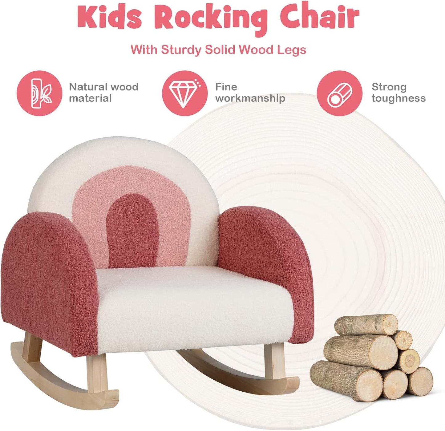 Kids Rocking Chair, Toddler Couch with Solid Wood Base & Non-Slip Pads, Kids Rocking Sofa with Plush Fabric, Cute Children Rocker Armchair in Playroom, Nursery, Bedroom