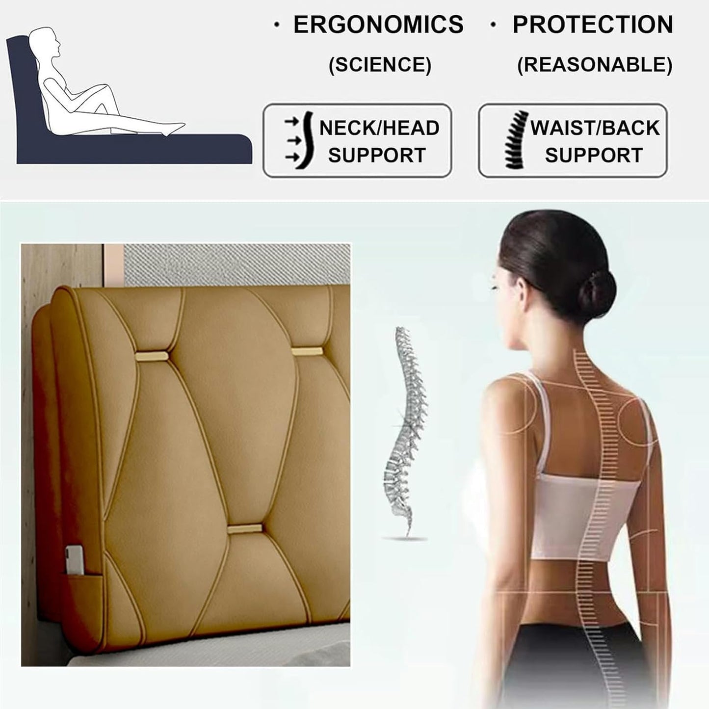 AMNOOL Wipeable Rectangle Pillow Headboard Pillow Large Backrest Solid Color Removable Pillowboard Dorm Day Bed Headboard Cushion for Resting and Reading