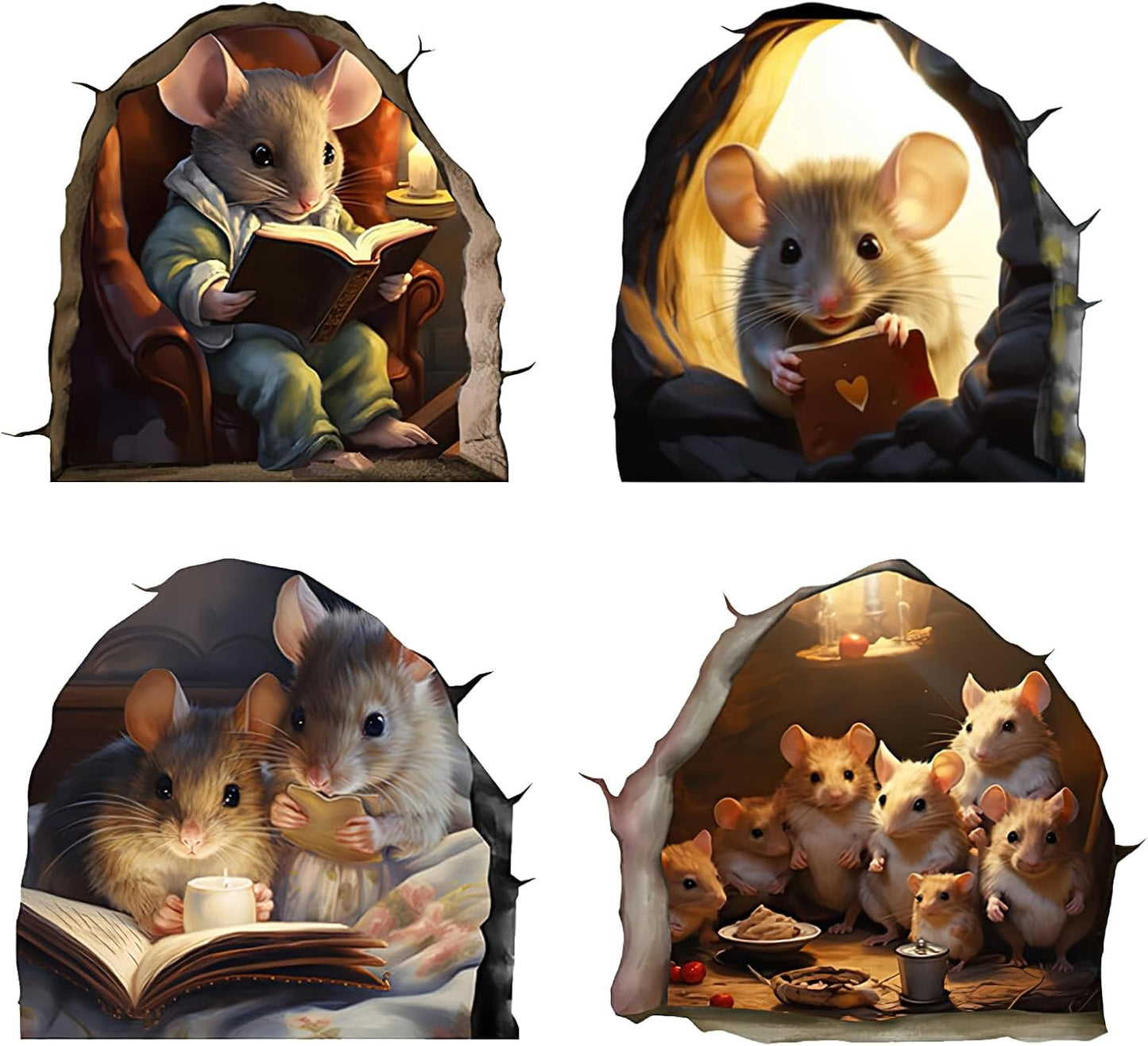 3D Wall Sticker Decal Glow in The Dark, 4 Pcs Mouse Wall Reading Book Sticker Fun Art Wall Decal for Living Room, Bedroom,Bathroom, Bookcase Decoration. (Style 1)