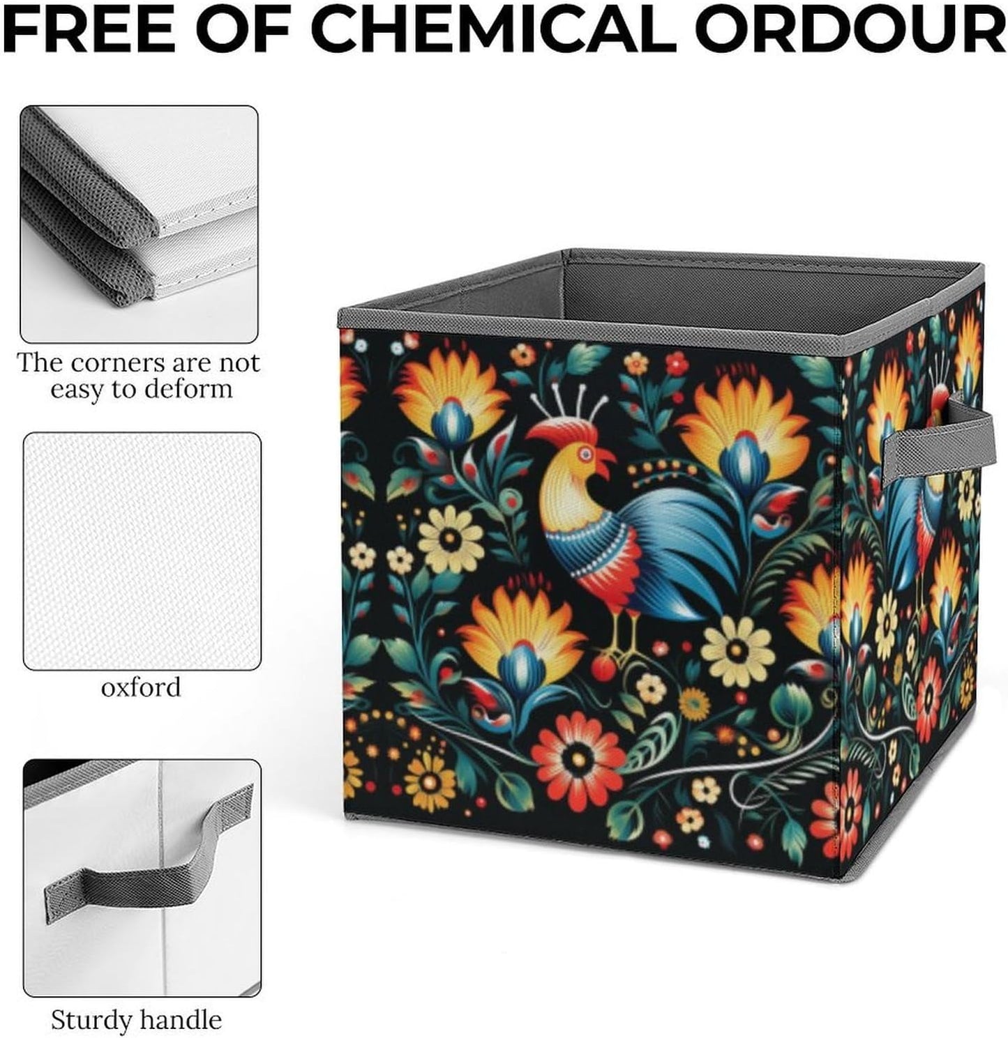 Polish Folk Art Pattern Storage Bins with Handles Fashion Large Storage Cubes Sturdy Foldable Storage Boxes Space-Saving Storage Baskets for Home Office Clothes Closet Organizers