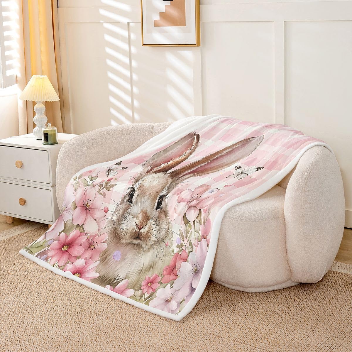 Feelyou Cute Rabbit Throw Blanket Cartoon Bunny Soft Fleece Sherpa Cozy Fuzzy Plush Warm Flower Floral Fuzzy Plush Throw Pink Plaid Baby 30"x40" for Bed Couch Living Room