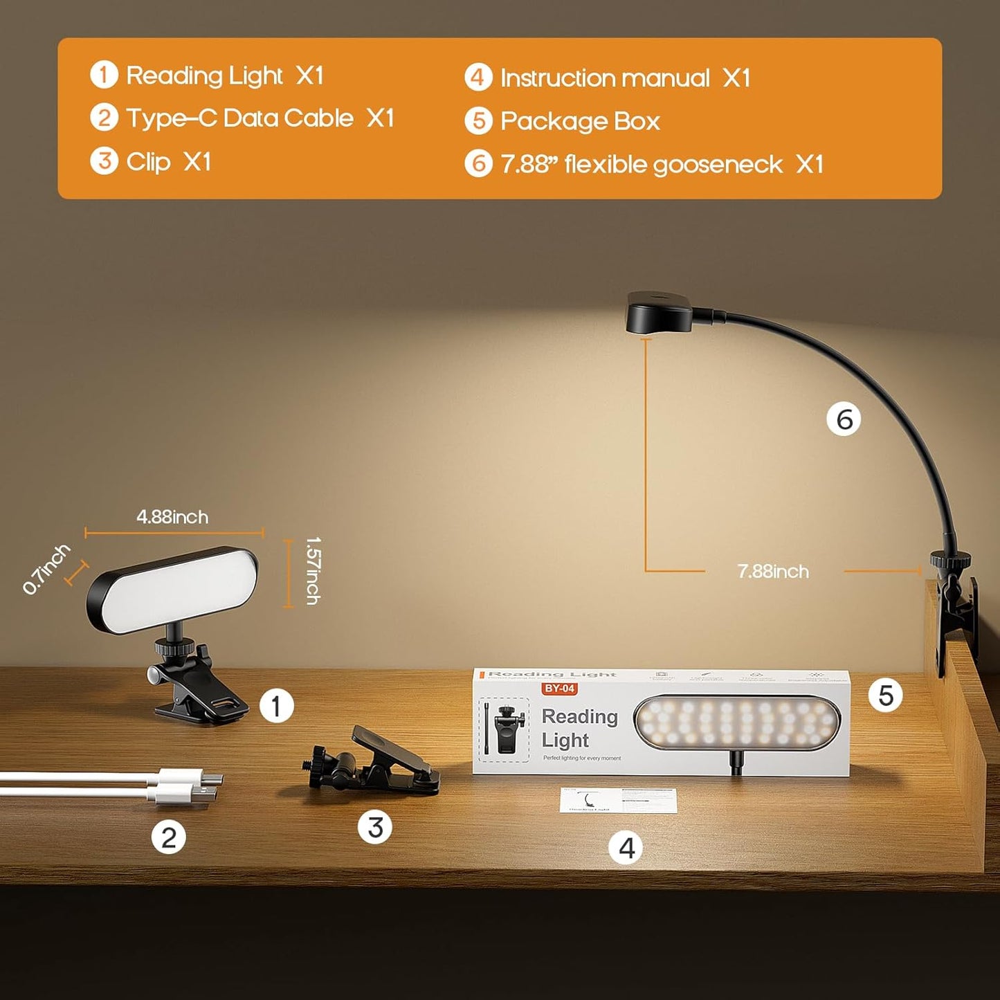 2in1 LED Book Light and Desk Lamp, Clip On Reading Light for Bed & Books, 7.9IN Flexible Gooseneck Video Conference Light, 3 Color Modes Dimmable, Rechargeable Lamp for Laptop, Phone, Study