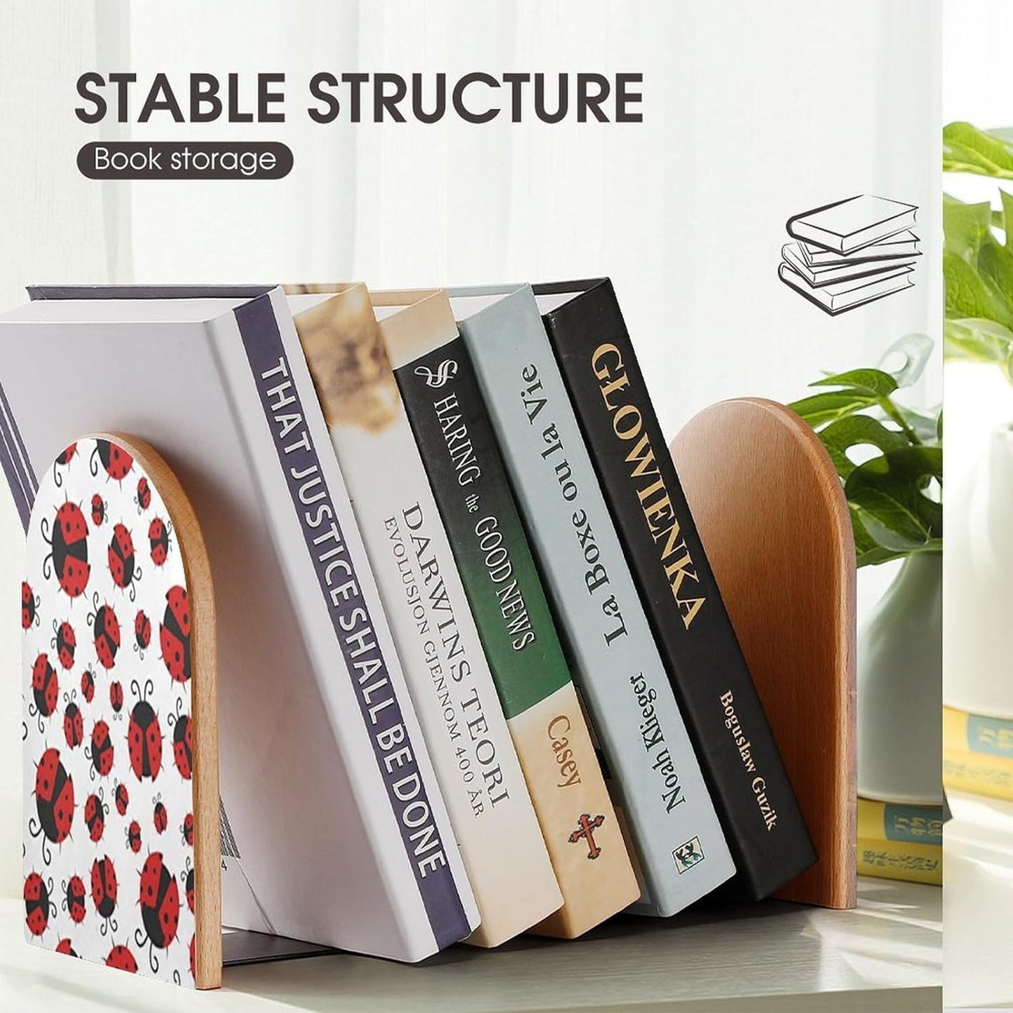 Funny Ladybug Wooden Bookend Non-Slip Book Ends Heavy Duty Book Stopper with Metal Base Books Holderd Decorative Bookends Stands Firmly for Office Supplies