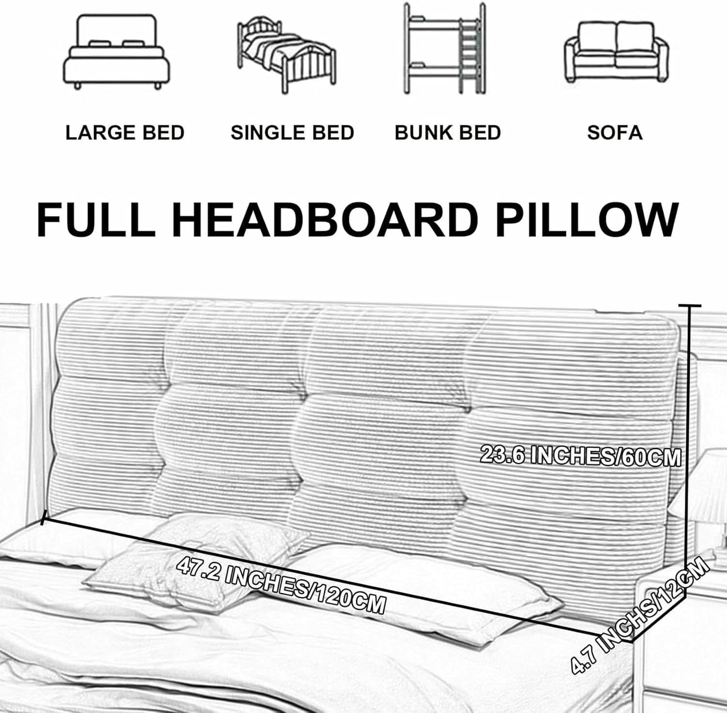 Headboard Pillow Striped Support Upholstered Lumbar Pillowboard Large Backrest Bedside Cushion Sofa Bed Bunk Bed Tatami Headboard with Removable Cover,White,Paste 79"/King