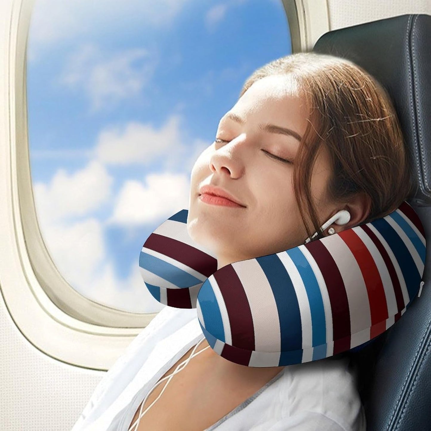Red Blue White Gray Stripes Neck Pillow Memory Foam U Shaped Pillows Portable Pillows for Shoulder Travel Head Support Pillow with Concealed Zipper for Airplane Car Home Office