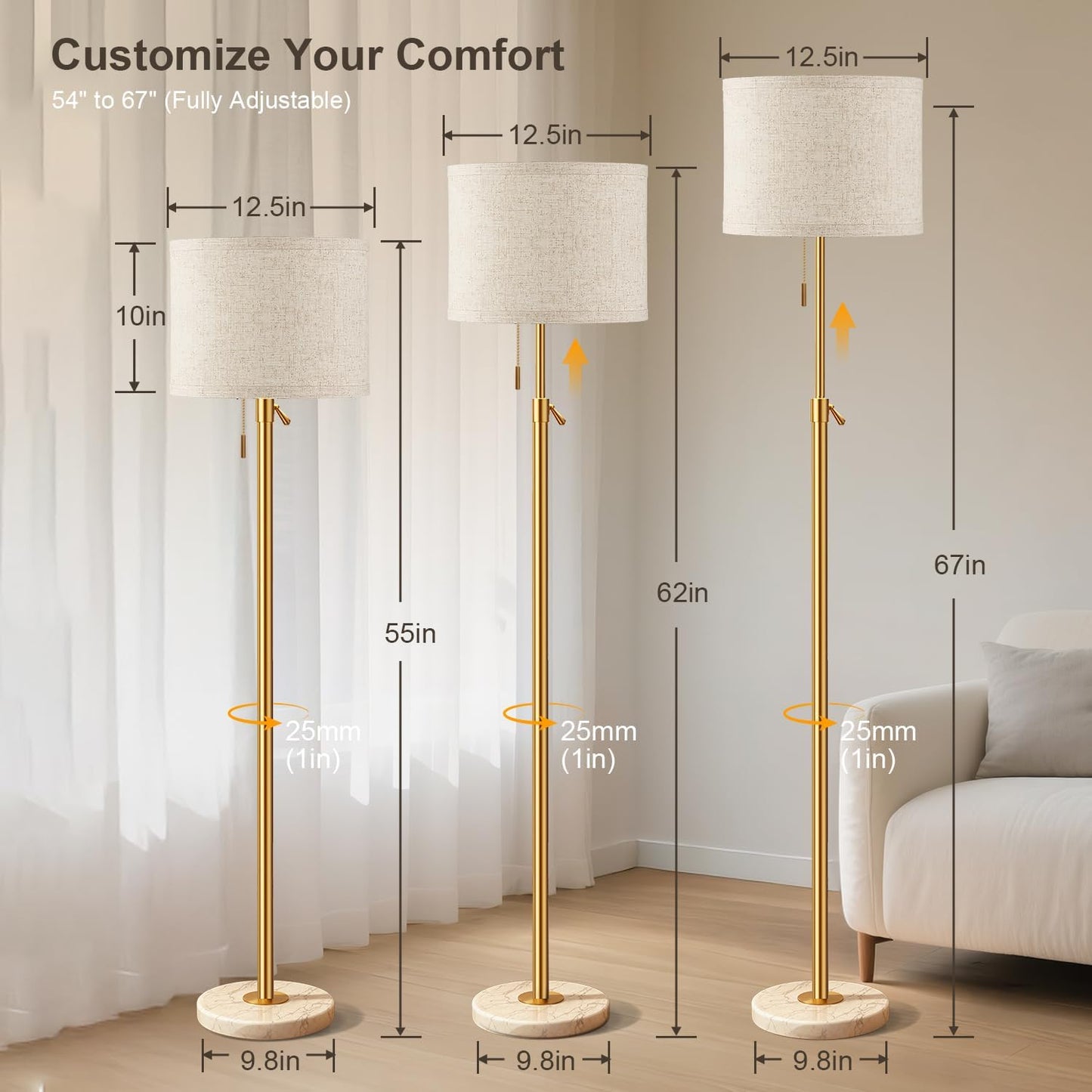 Modern Gold Floor Lamp for Living Room - Adjustable Height Standing Lamp with Marble Base & Linen Shade, 3-Way Dimmable Tall Floor Light for Bedroom, Reading, Bulb Included