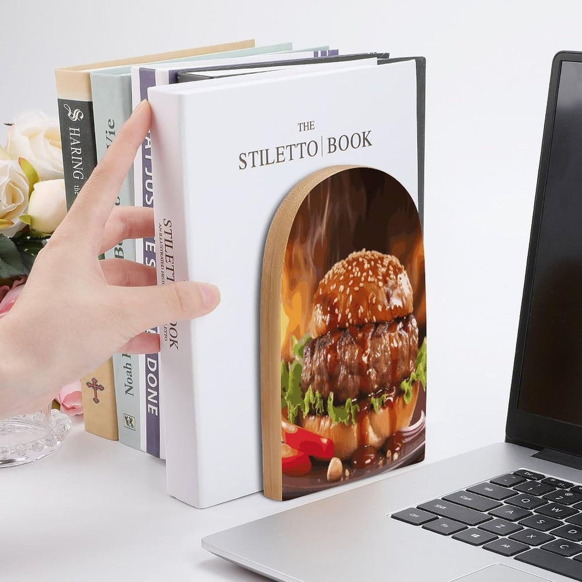 Non-Slip Bookend for Shelves Hamburger Steak Fast Food Wooden Bookends with Metal Base Decorative Book Stopper for Home Heavy Duty Wood Book Storage for Books/CDs