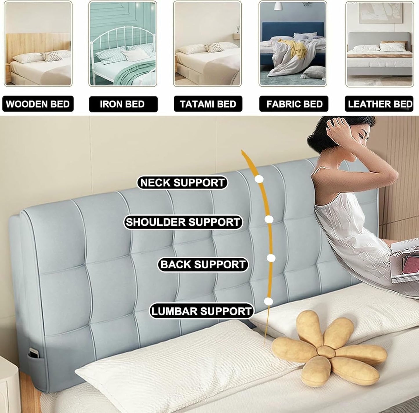 Headboard Bed Pillowboard Removable Wall Mounted Large Backrest Rectangular Lumbar Support Cushion Solid Color Bedside Pillow for Sofa Bed Bunk Bed,Blue,Straps/47x23x4In