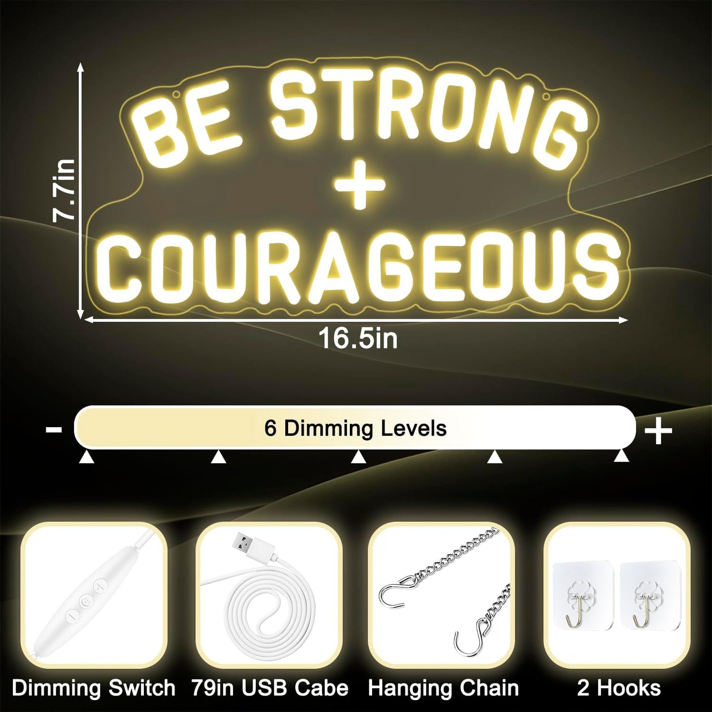 Be Strong and Courageous Neon Sign Dimmable Neon Signs for Wall Decor Positive Affirmations LED Signs USB Light Up Sign for Boy Girl Room Playroom Nursery Wall Decor Bedroom Christian Wall Art