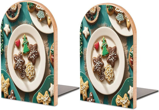 Christmas Cookies Bookends 1 Pair Heavy Duty Book Ends for Shelves Non-Skid Bookend Supports Wooden Book Holders with Metal Base Desk Organizers Books Storage to Hold Books