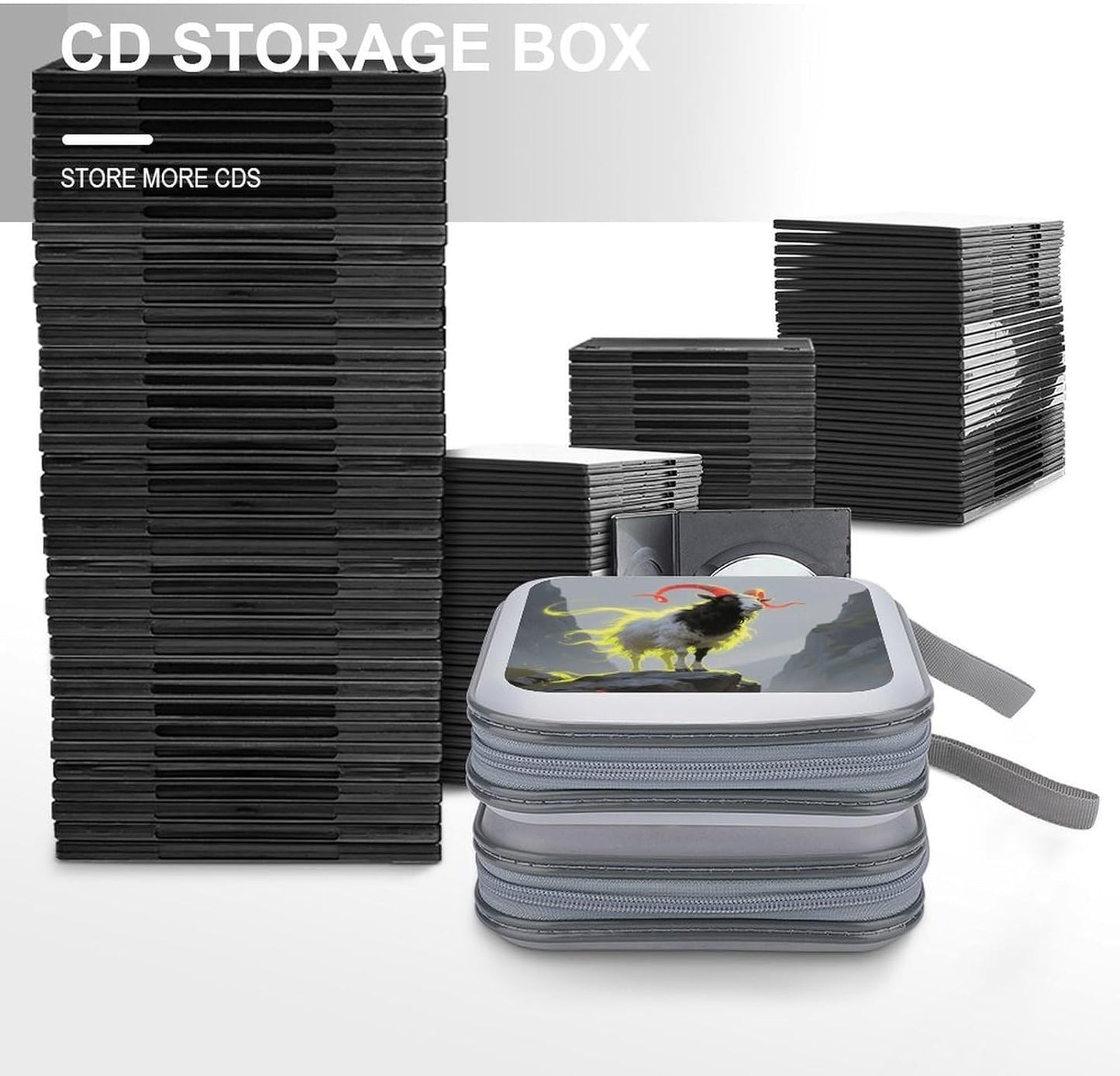 Standing Glowing Goat CD Case Portable Zipper CD Case 40 Capacity Hard Plastic DVD Cases Holder Large Storage Disc Wallet Bag for Car Home Travel DVD Collection Bag