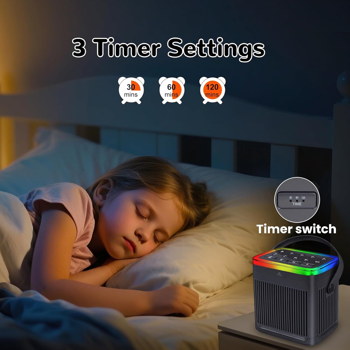 White Noise Sound Machine for Sleep, Portable Noise Sound Machines with 7 Colors Night Lights, 70 Soothing Sounds Bluetooth Speaker Memory Function Brown Noise for Baby Kids Adult & Home Office Travel