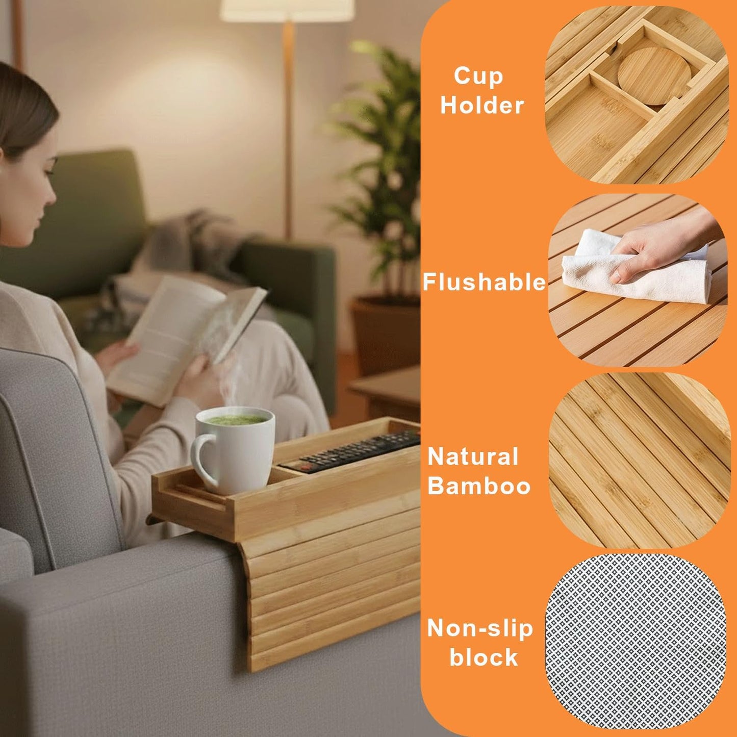 Bamboo Couch Armrest Table, 2-in-1 Foldable, Anti-Slip Sofa Arm Tray Includes a Detachable Cup Holder, Making it Ideal for Holding Remote Controls, Phones, Cups, and Snacks