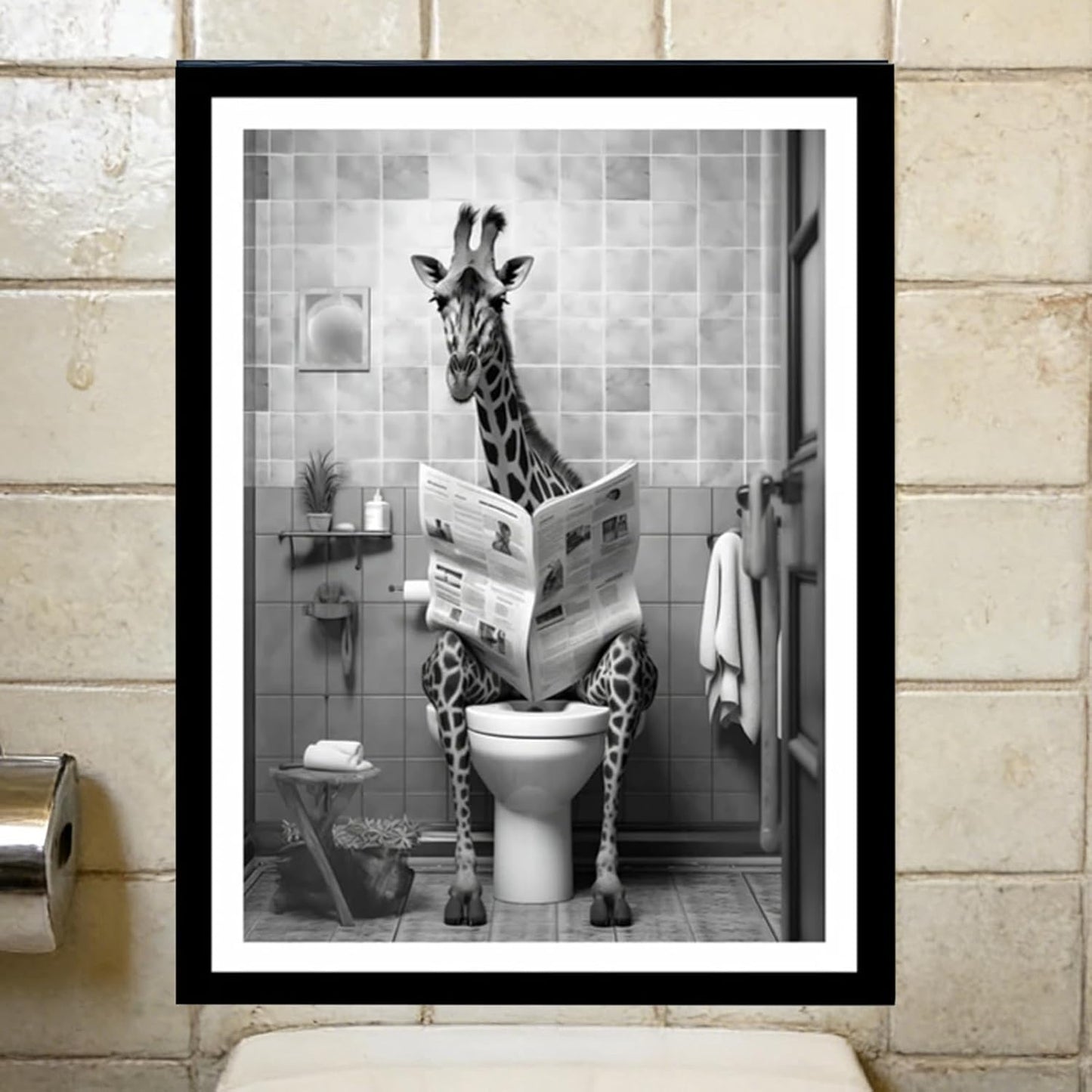 Giraffe Decor - Funny Bathroom Art | Black and White Funny Canvas Wall Art with Giraffe Reading Newspaper On Toilet Poster for Restroom Decor, Home Bathroom, Washroom, Hotel and Apartment Wall Decorat
