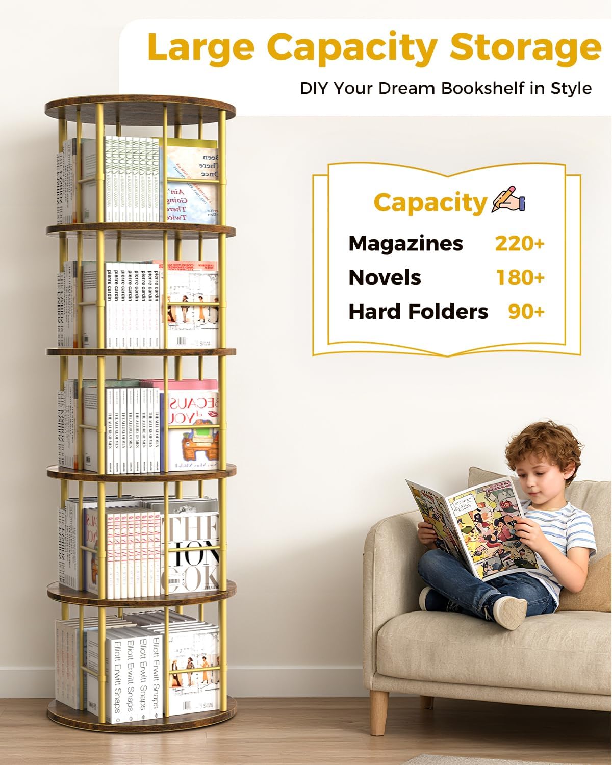 5-Tier Rotating Bookshelf Tower – 360° Spinning Bookcase, Stackable Narrow Storage Organizer, Tall Space-Saving Swivel Shelf for Corner, Bedroom, Living Room, or Office (Black)