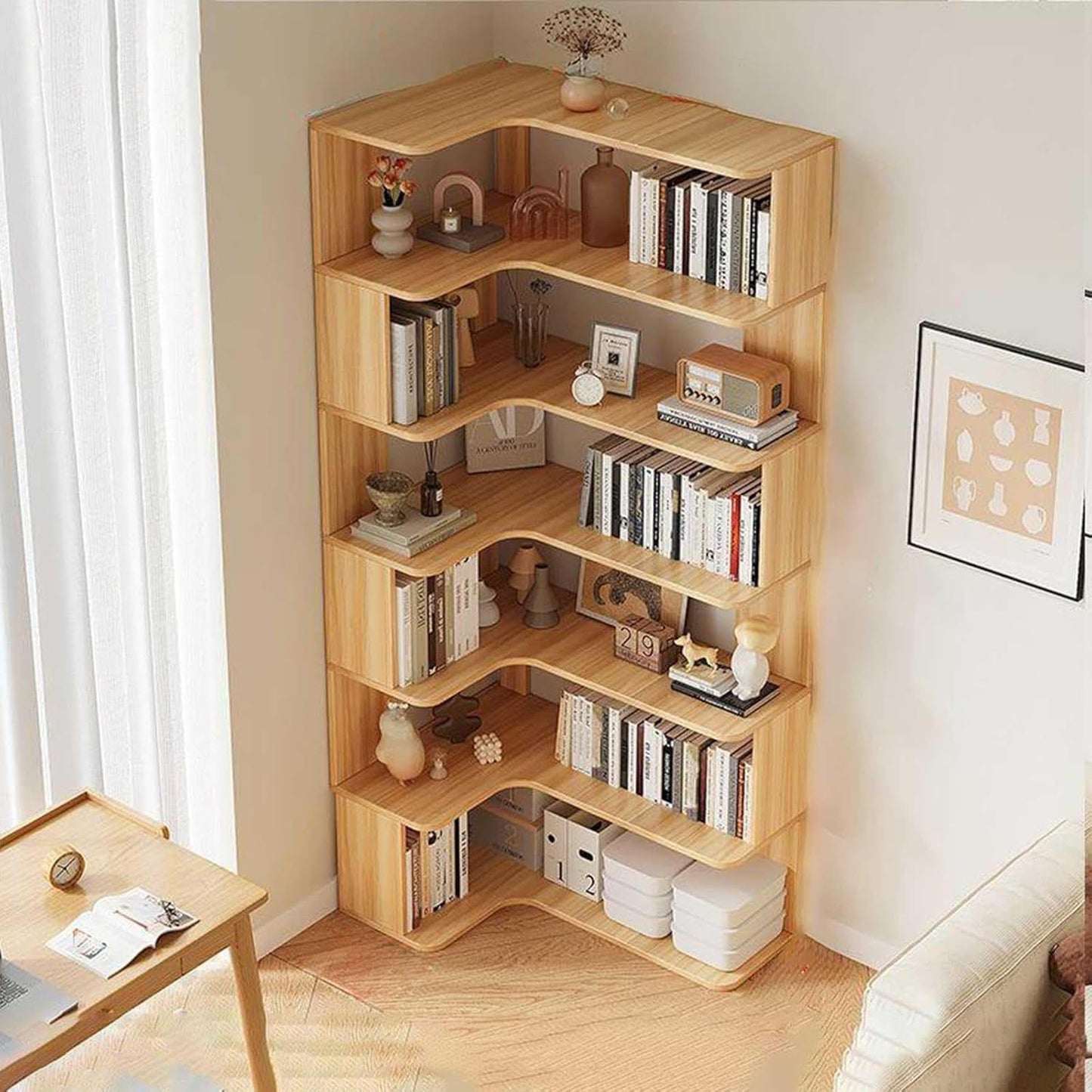 Modern Solid Wood Corner Bookshelf, 6-Tier Open Back Bookcase for Living Room Storage, Versatile Shelves for Books & Decor, Space-Saving Design, Stylish Home Organization