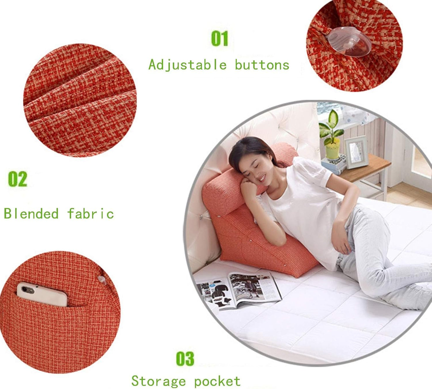 Reading Pillow Height-Adjustable Linen Fabric Throw Back Support Triangle Pillow for Car Seat Home Travel 5 Color 2 Size (Color : White Size : 55x30x50cm(2 Pieces)) (Orange 55x30x50cm(2 Pieces))