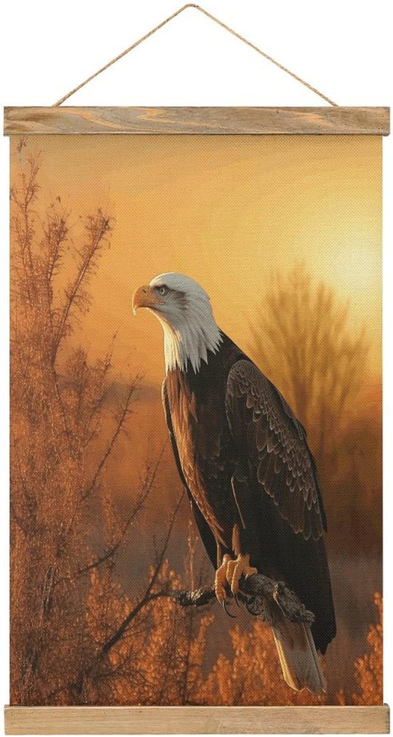 Vintage Golden Sunset Bald Eagle Poster with Wooden Frame Personalized Linen Hanging Scroll Painting Rustic Wall Hanging Illustrative Modern Artwork Decor for Home Living Room Bedroom Office