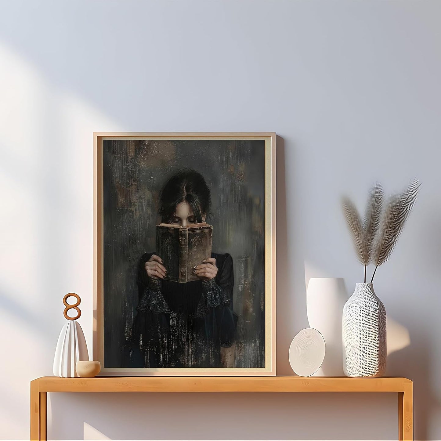 Dark Academia Canvas Wall Art Gothic Victorian Woman Reading Magic Book Poster Print Antique Oil Painting Canvas Print Book Lover Gift Bedroom Gallery Wall Decor 12x16 Incth Unframed