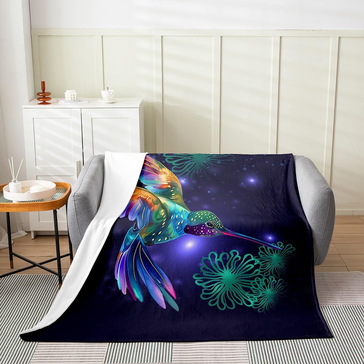Erosebridal Hummingbird Fleece Blanket, Lighted Birds with Floral Pattern Throw Blanket, Green Botanical Flower Print Fuzzy Blanket, Ultra Soft Sparkle Galaxy Flannel Blanket, 40"X50"