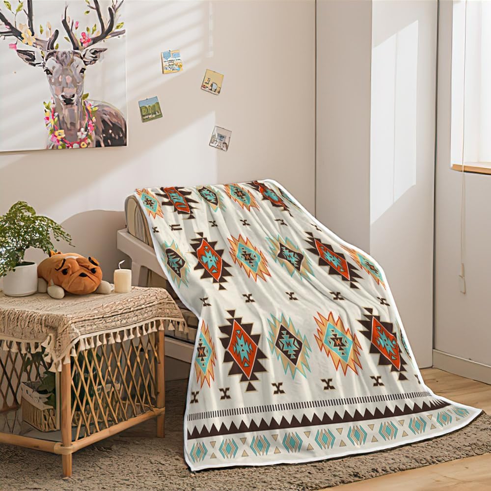 Southwestern Throw Blanket, Western Native American Tribal Navajo Boho Soft Warm Cozy Plush Comfy Blanket for Couch Bed Sofa, Aztec Geometric Fleece Flannel Throws for Living Room Bedroom 60X80IN