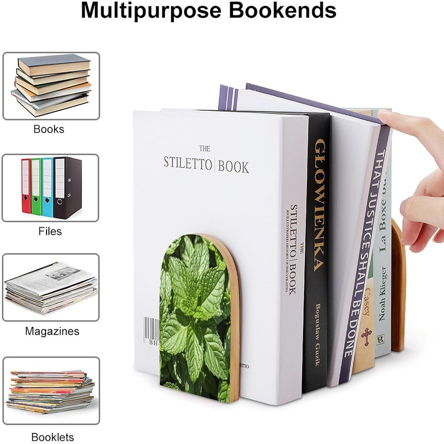Peppermint Bookends 1 Pair Heavy Duty Book Ends for Shelves Non-Skid Bookend Supports Wooden Book Holders with Metal Base Desk Organizers Books Storage to Hold Books