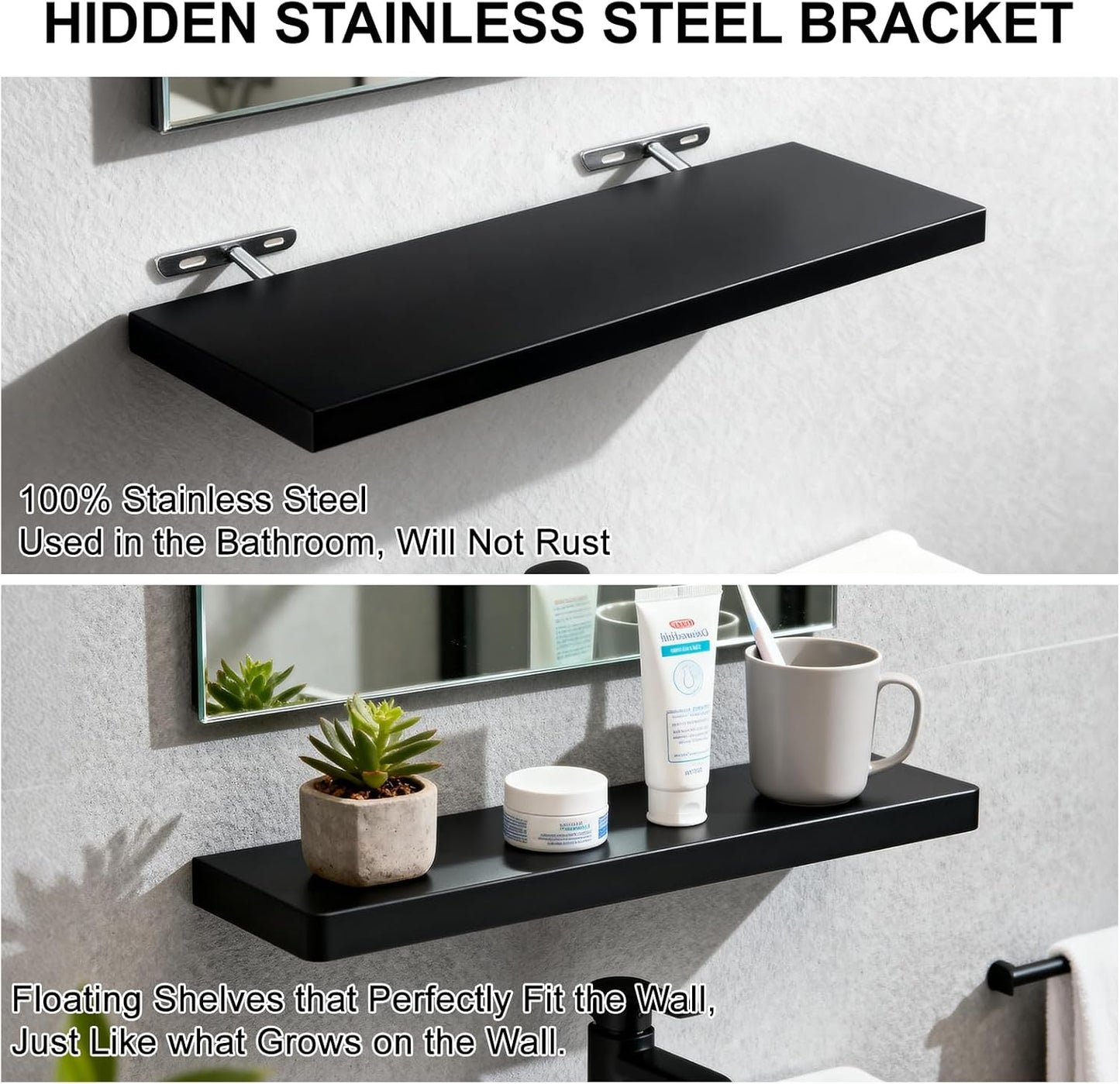 JAMBALAY Floating Shelves for Wall, 16" Wall Mounted Rustic Wood Shelves for Bathroom, Living Room, Bedroom, Kitchen. Hanging Shelf for Books/Storage/Decor (Black, Set of 3)