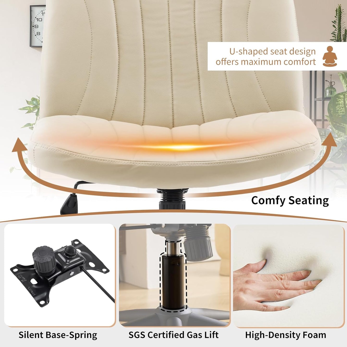 Karl home Criss Cross Chair Armless Desk Chair with Wheels Cross Legged Office Swivel Chair Wide Adjustable Comfy Padded Vanity Chair with Dual Purpose Base, PU Khaki