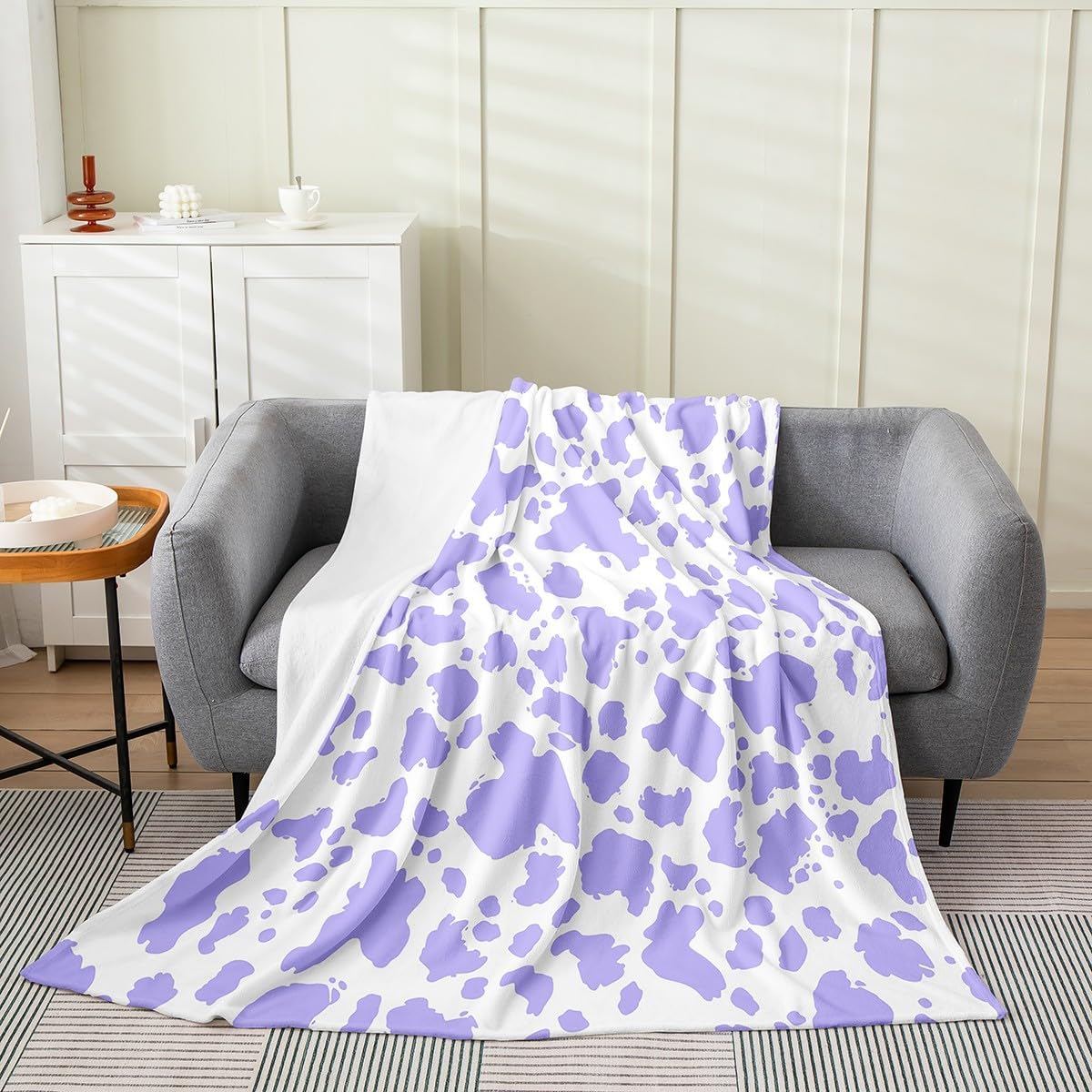 Feelyou Cow Print Plush Throw Blanket Throw 50"x60" Kids Purple White Flannel Fleece Blanket for Sofa Couch Boys Girls Teens Cartoon Milk Cow All Season for Bed Animal Farmhouse