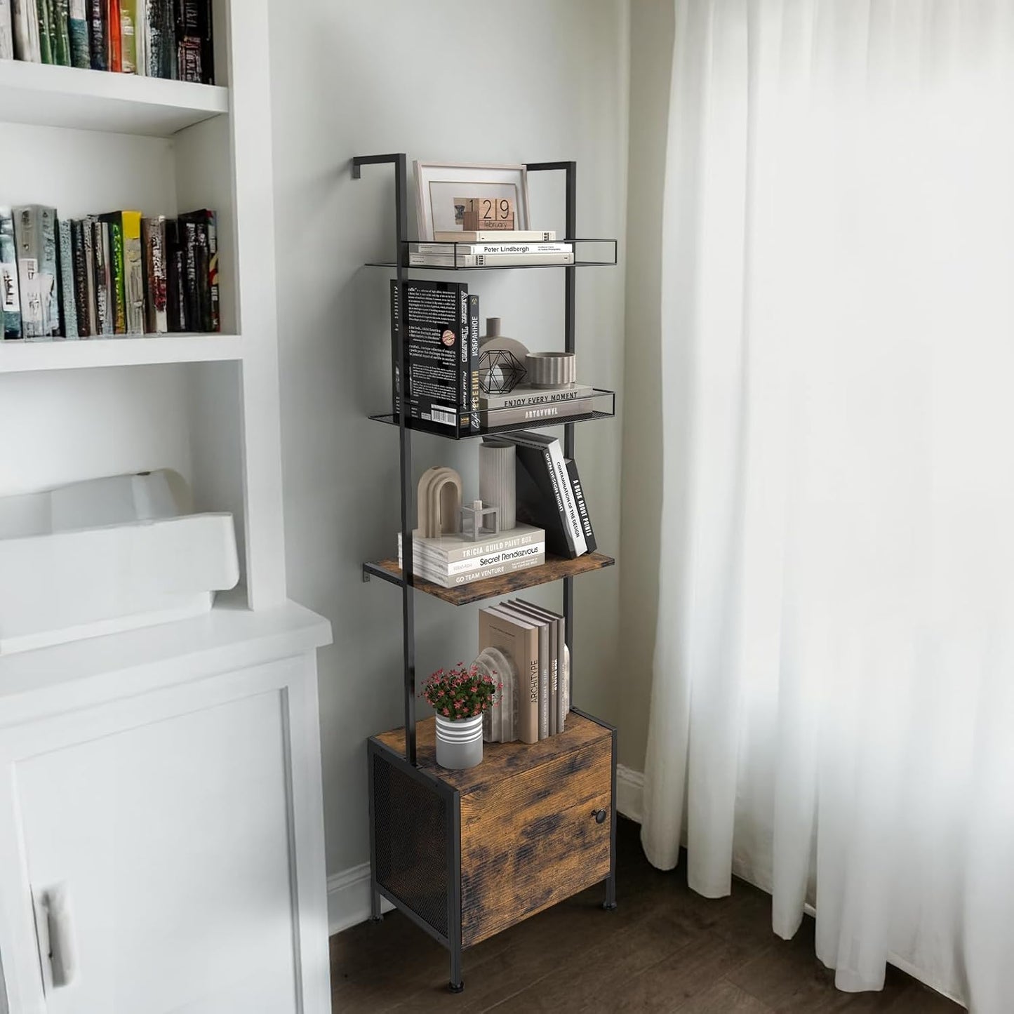 Shinoske Ladder Bookshelf,5 Tier Book Shelf with Storage Cabinet,Wall Mounted Industrial Bookcase for Small Space,Metal Frame,Tall Display Shelf for Living Room,Corner,Bedroom,Office,Brown