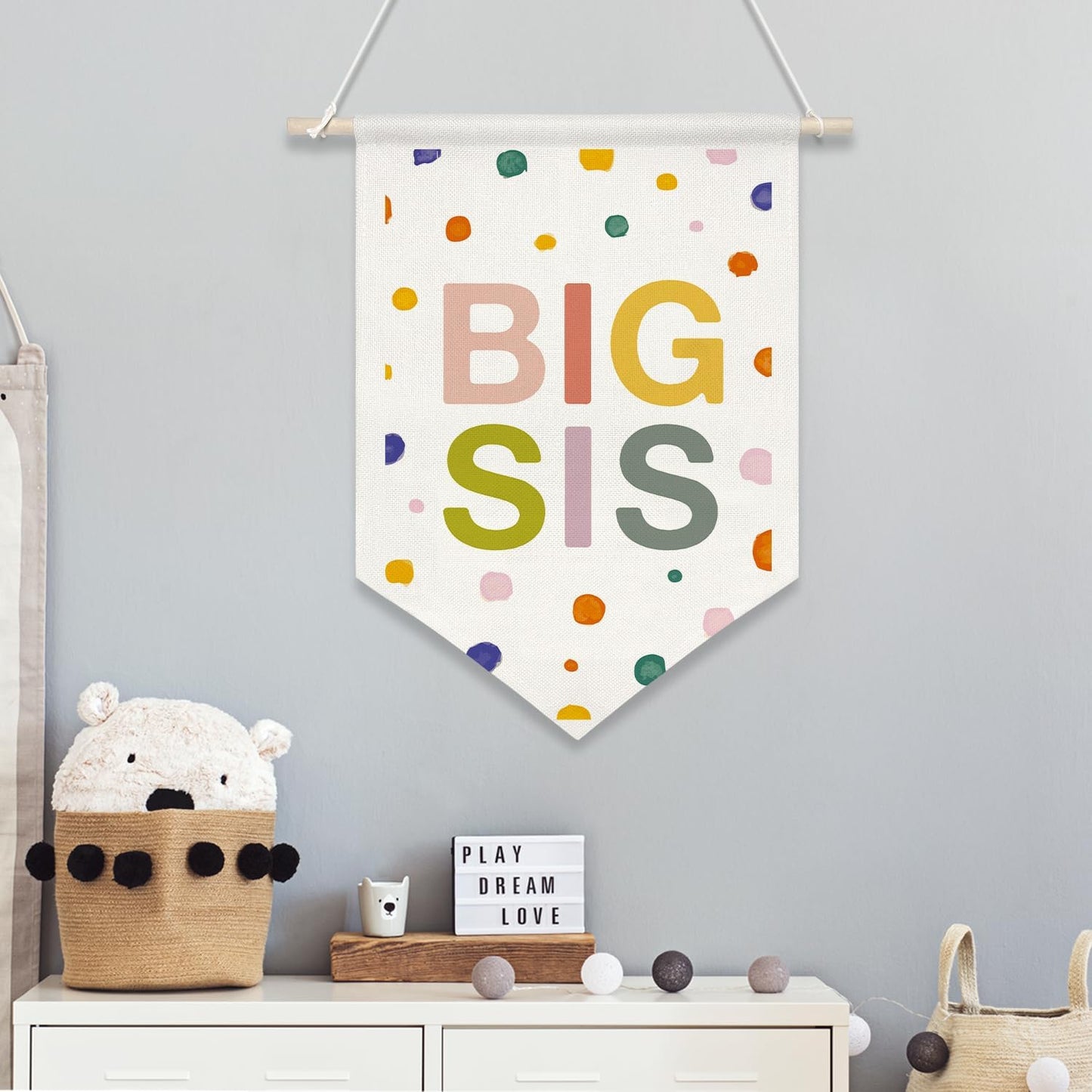 BIG SIS Wall Hanging Banner,Colorful Canvas Nursery Sign for Baby Girl, Little Sister Room Decor, Toddler Bedroom or Playroom Wall Hanging Poster, Lovely Gift for Newborn Girls or Big Sister Reveal 16x11inch(KD13)