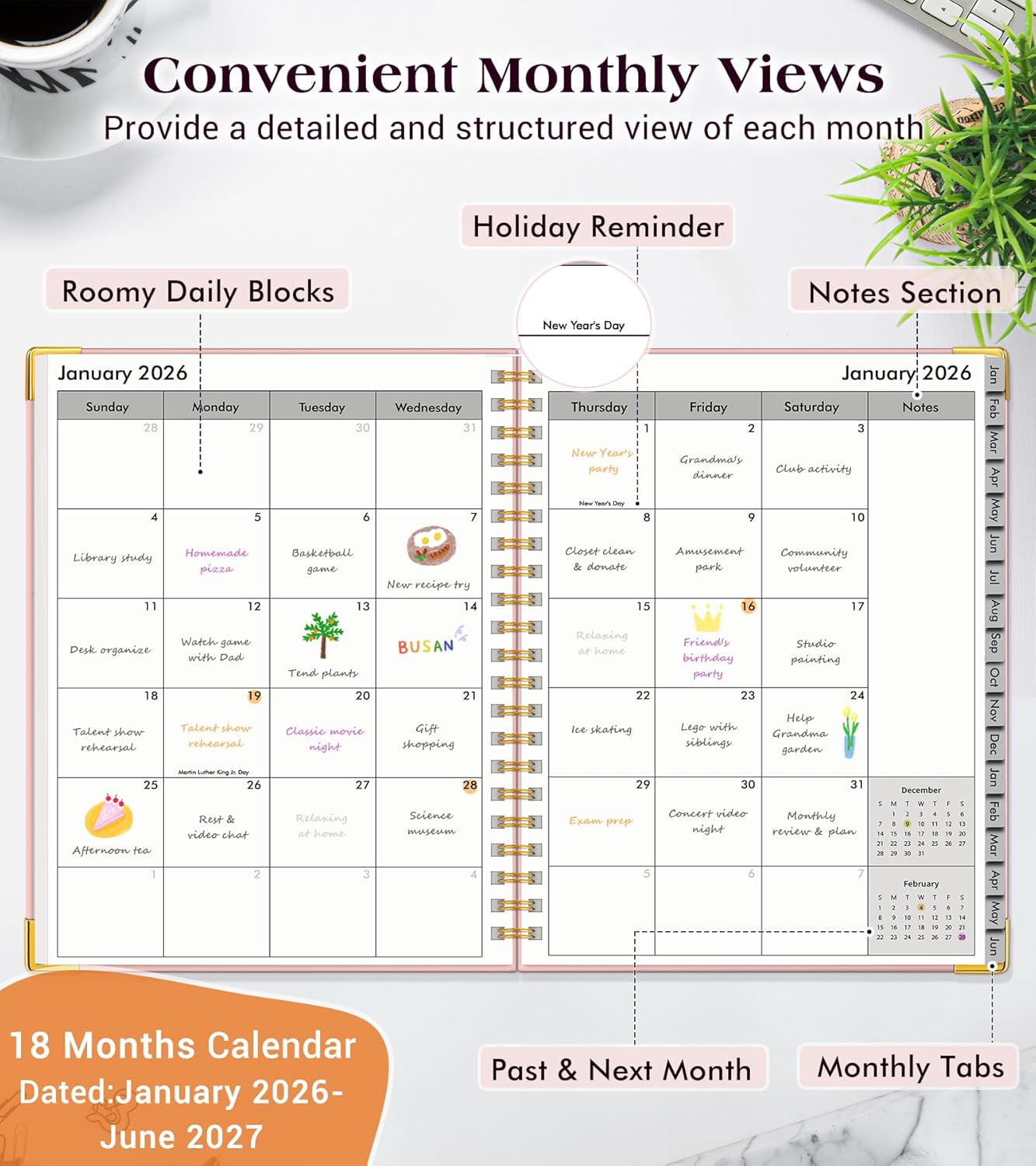 Planner 2026-2027, 18 Months Weekly and Monthly Hardcover Planner, January 2026 - June 2027, 8.5" x 11" A4 Large Daily Calendar Planner Book with Tabs, Spiral Yearly Agenda Organizer Notebook for School Work Home, Pink