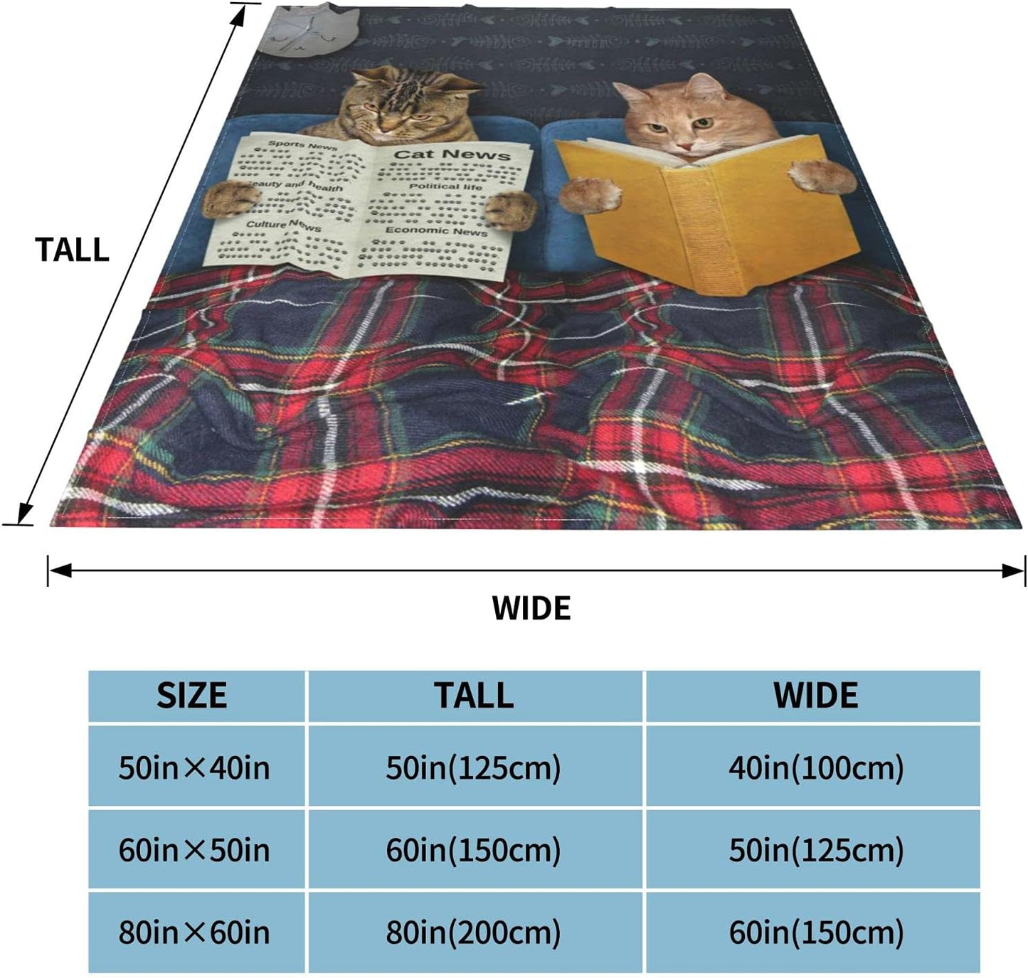 Cute Cat Blanket Two Cats are Reading in Bed Throw Blankets for Kids Teens Adults,Cozy Flannel Super Soft Lightweight Fluffy Sofa Office Fleece Plush Blanket - Funny Animal 50"x40"