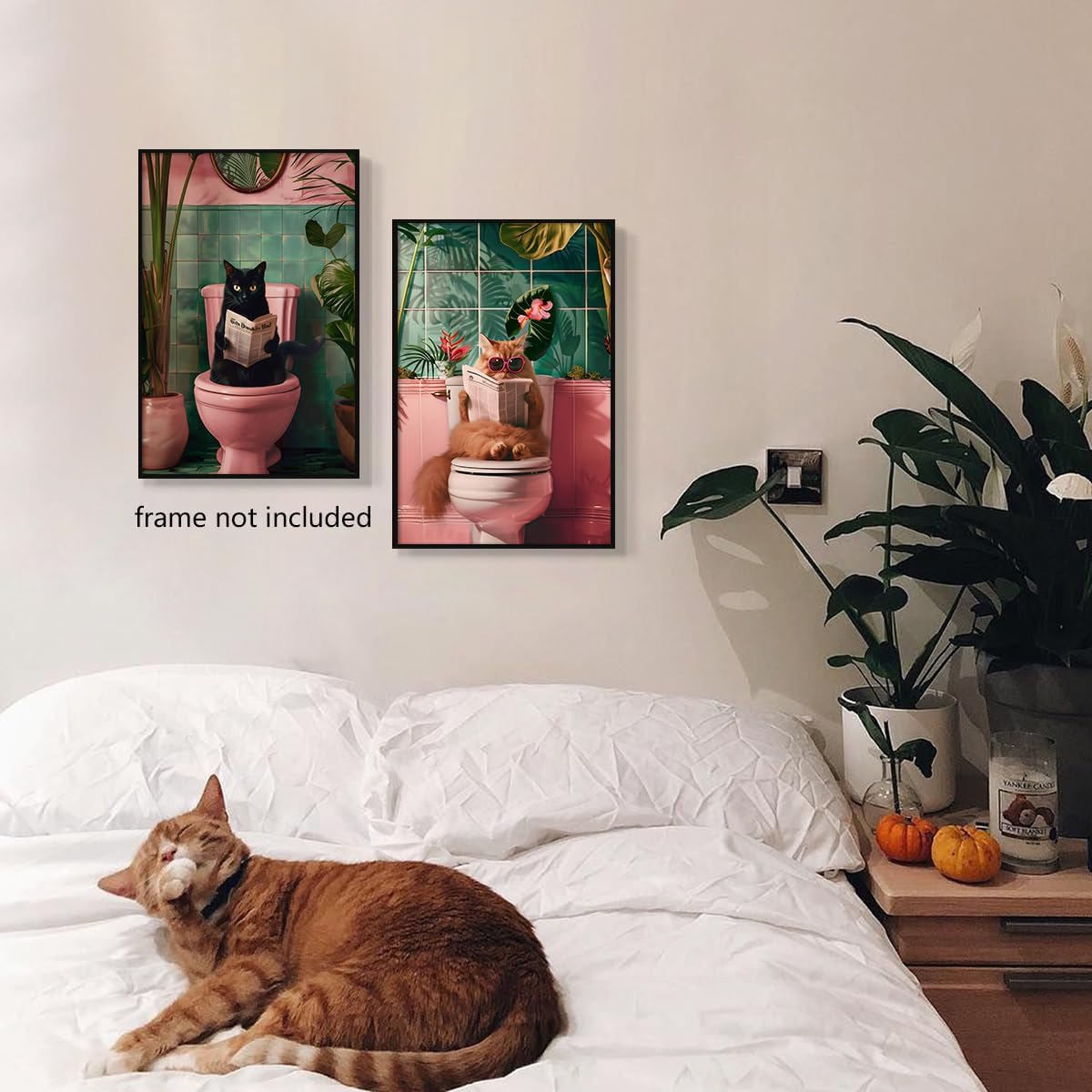 perasi Set of 2 Funny Bathroom Canvas Wall Art, Trendy Cat Reading on Pink Toilet Poster, Black Cat Read Newspaper Bathroom Pictures for Wall, Animal Green Botanical Restroom Print 8x12in Unframed