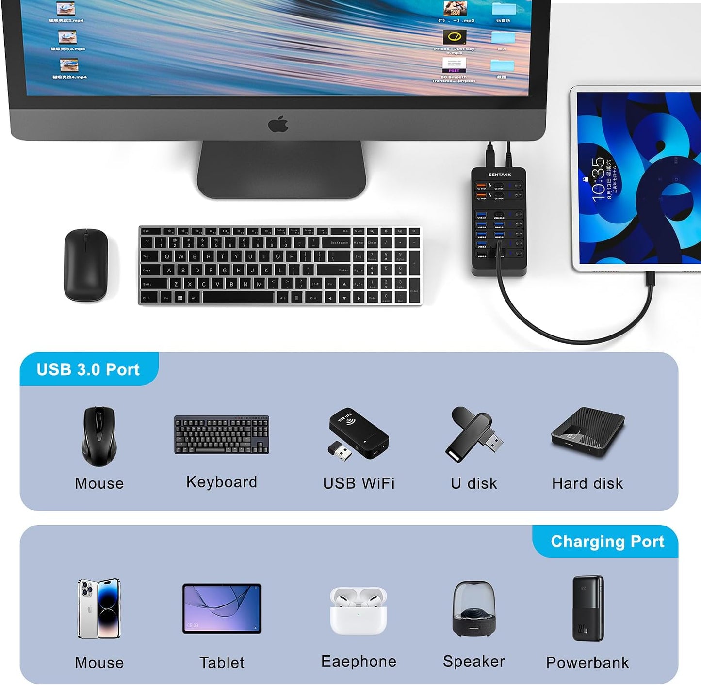 Powered USB Hub,14 Ports USB Data Hub Splitter with 6 USB 3.0 Port,4 Charging Port,1 USB-C 3.0 Data Port,1 PD 60W Charging Port w LED Individual On/Off Switches for MacBook,Mac Pro,Laptop/PC