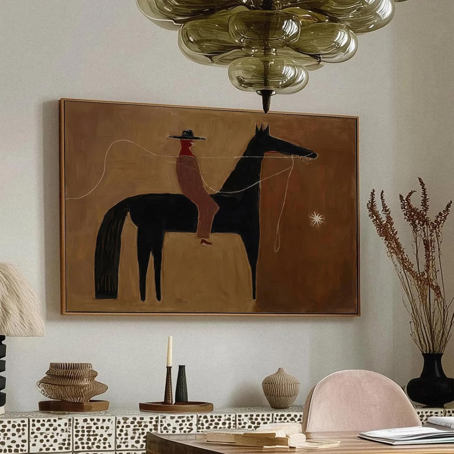 Western Cowboy Wall Decor Japandi Western Cowboy and Horse Oil Painting Large Brown Textured Wall Art Man Painting Vintage Horse Poster Prints for Office Bedroom & Living Room Decor 16x24inch Unframed