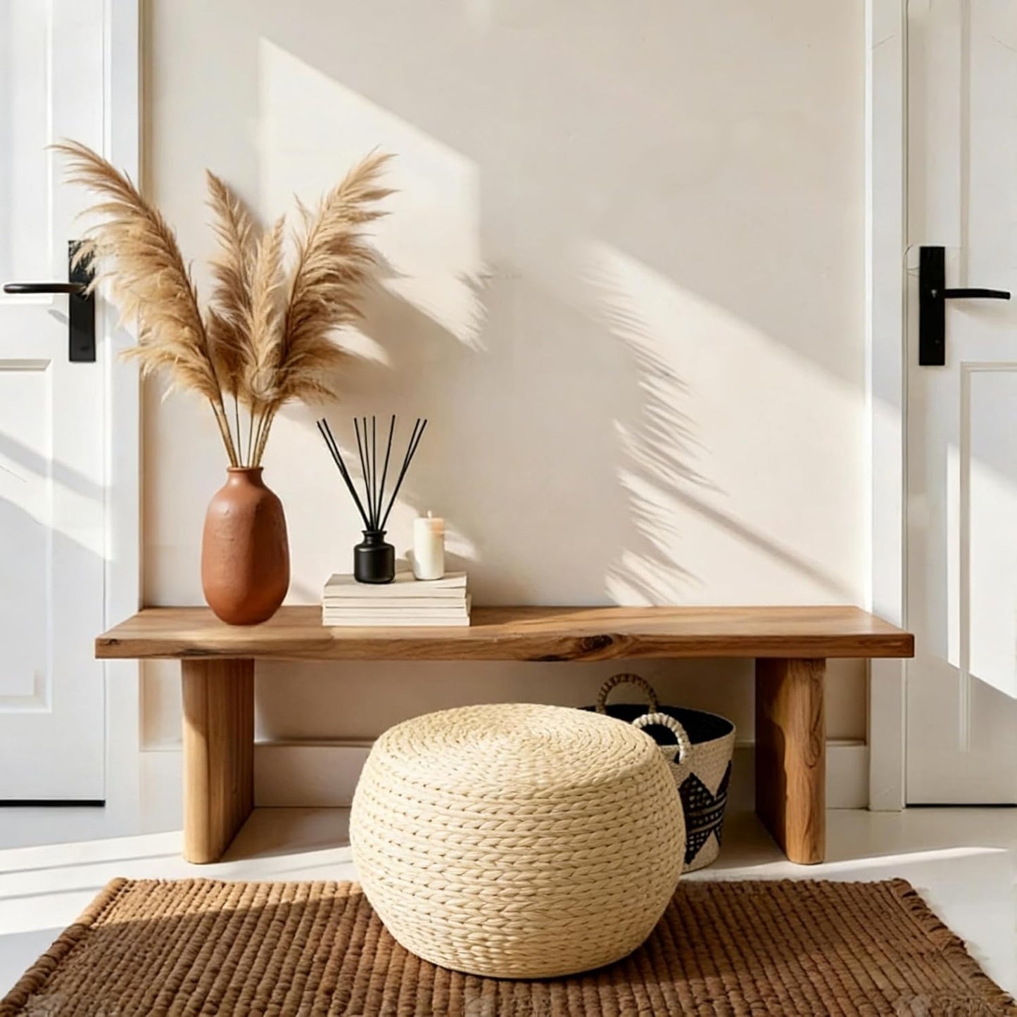 Natural Straw Round Pouf Ottoman, Handwoven Boho Footstool with Wood Frame for Living Room Bedroom Patio Garden (12.2"x12.2"x8.7")