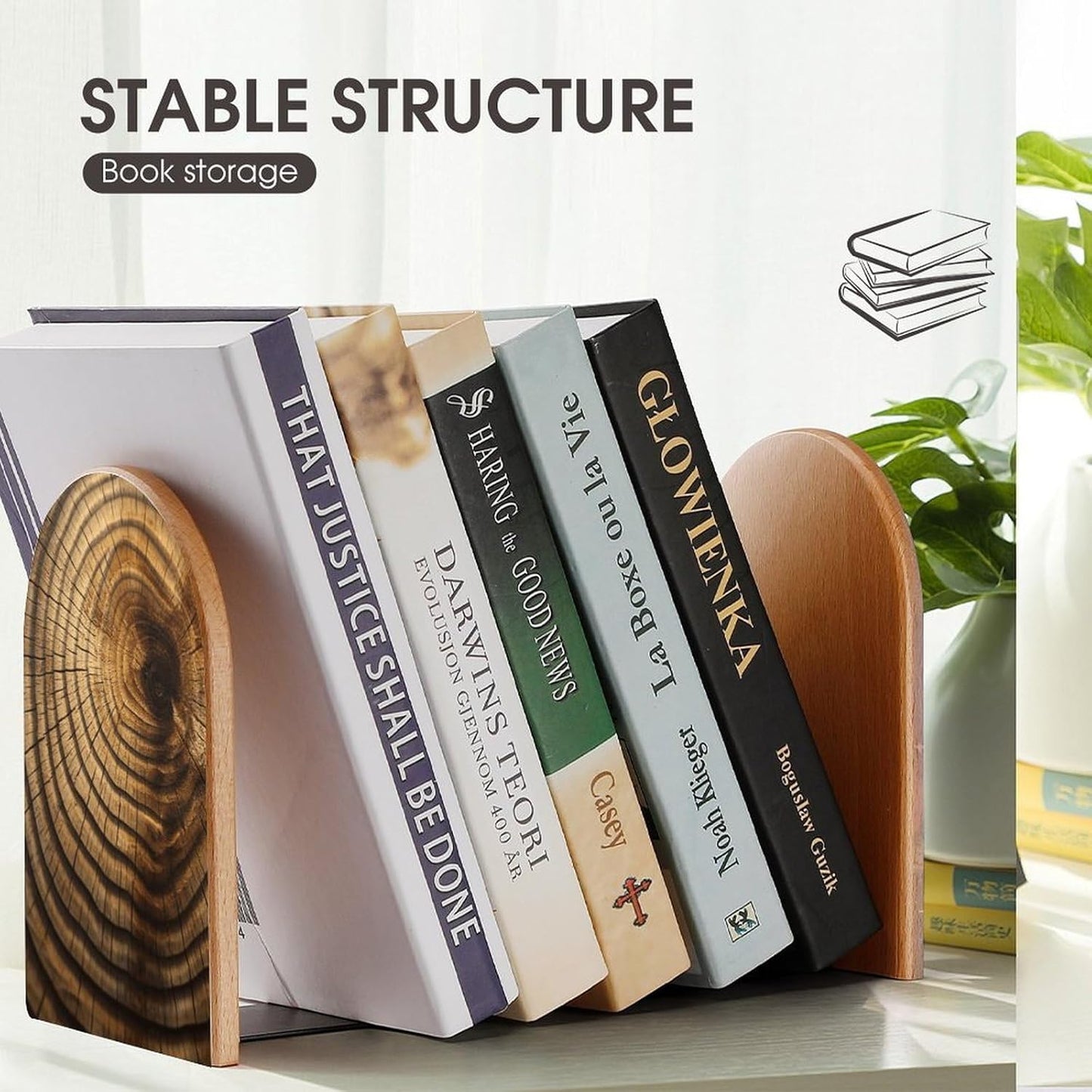 Tree Rings Wooden Bookend Non-Slip Book Ends Heavy Duty Book Stopper with Metal Base Books Holderd Decorative Bookends Stands Firmly for Office Supplies