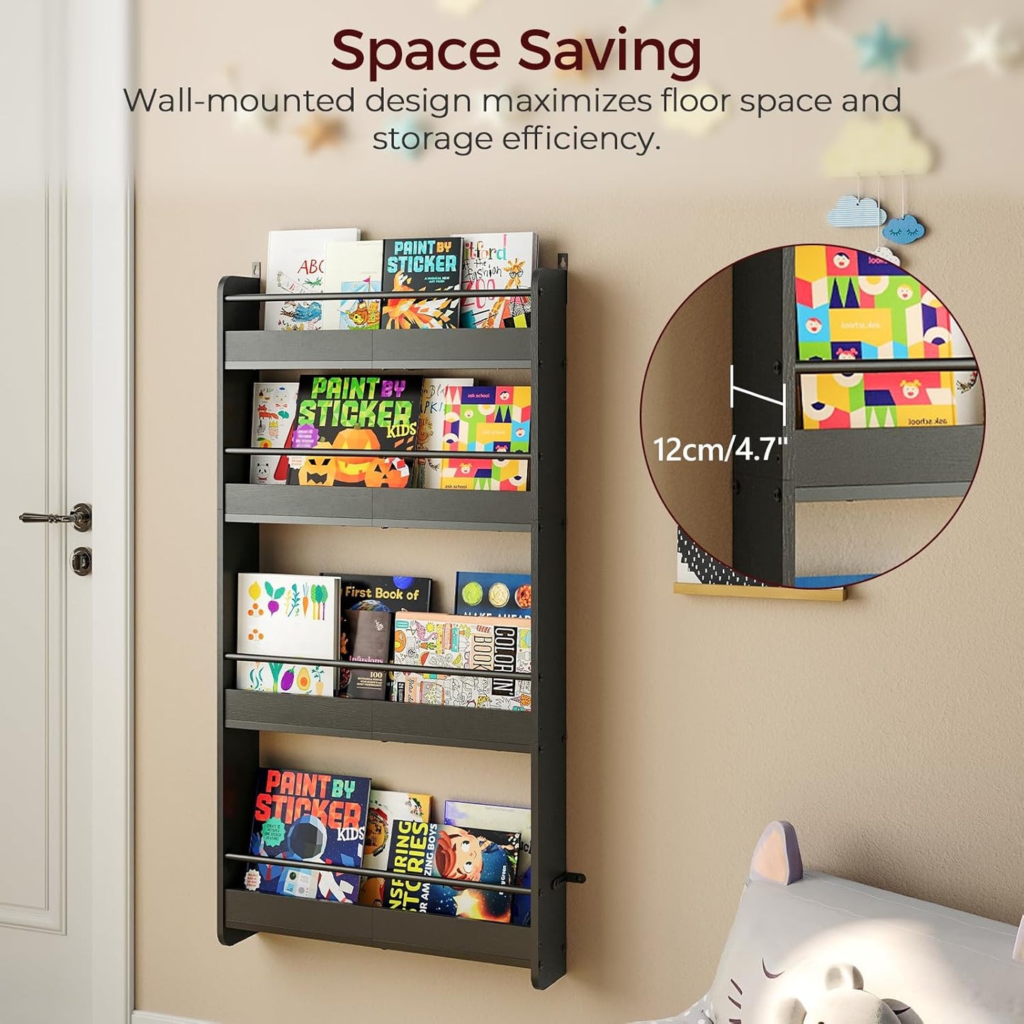 Kids Bookshelf, 4-Tier Wall Mount Bookshelf for Kids, Behind The Door Bookshelf, Hanging Book Shelf for Kids Room, Playroom, Bedroom, Living Room, Black KBBK7601