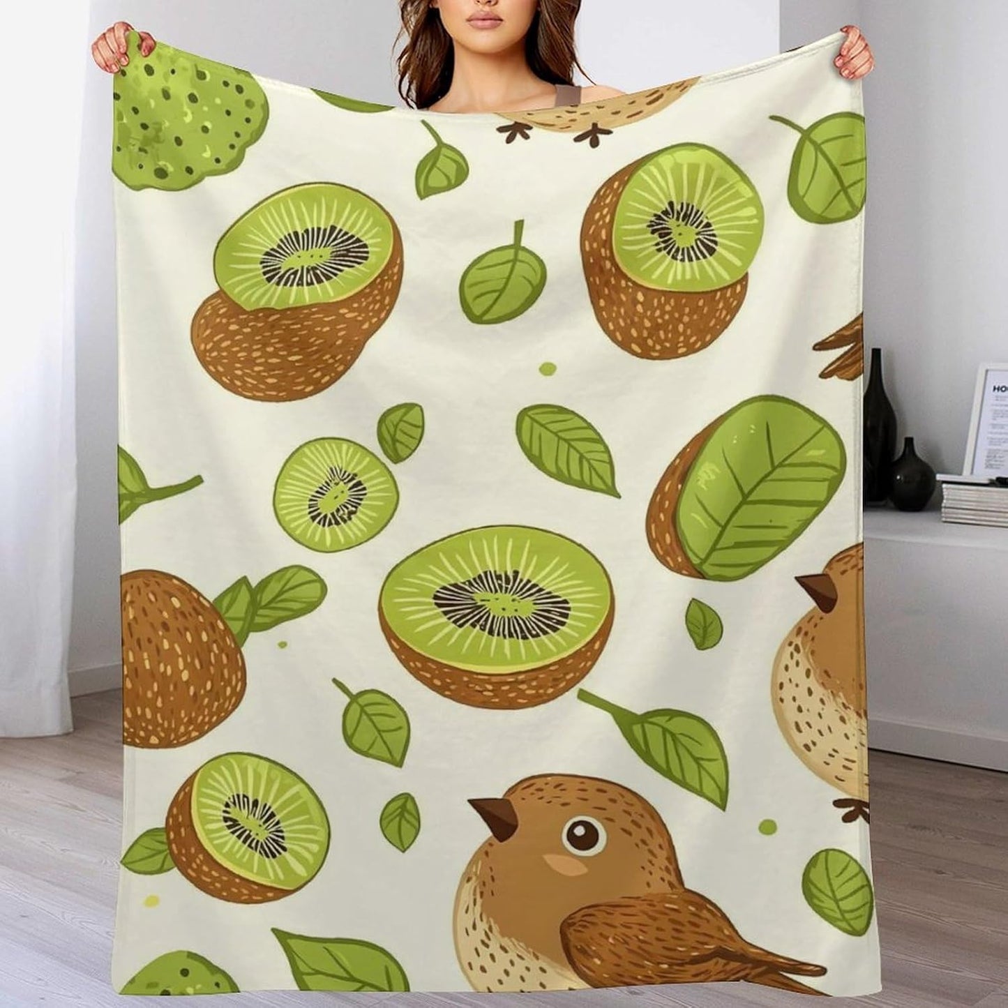 Birds and Kiwi Fruits Throw Blanket for Couch Bed Plush Cozy Fuzzy Flannel Blanket for All Season 66"x90"