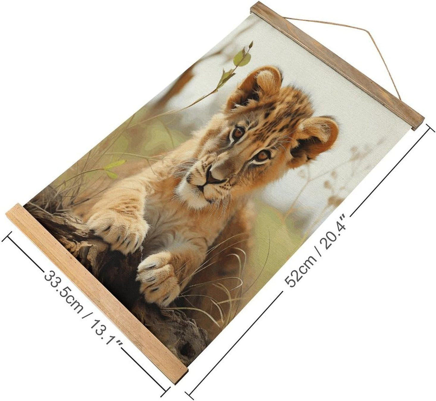Vintage Cute Little Animal Lion Poster with Wooden Frame Personalized Linen Hanging Scroll Painting Rustic Wall Hanging Illustrative Modern Artwork Decor for Home Living Room Bedroom Office