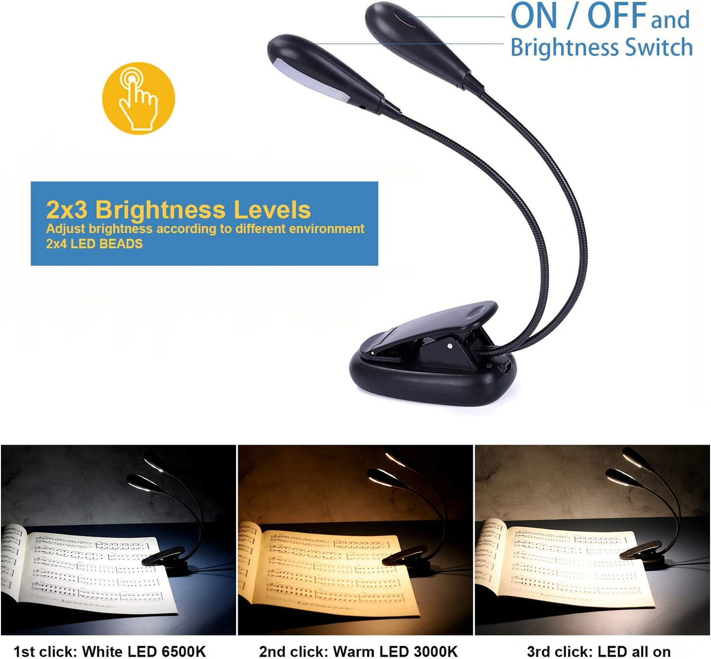 Rechargeable Music Stand Light, Clip on Reading Light, 8 LED Book Lamp, 3-Level Brightness for Eye Protection, Perfect for Piano, Orchestra, Bookworms, Craft (White & Warm, Dual Arm)