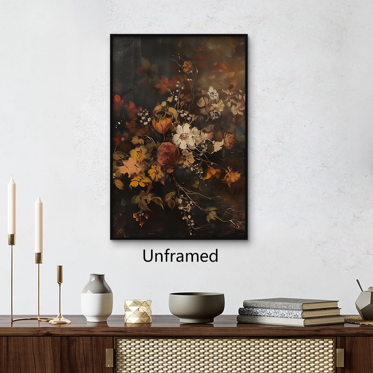 Fall Flowers Canvas Wall Art, Moody Dark Autumn Floral Still Life Poster, Thanksgiving Day Victorian Botanical Painting, Gothic Dark Academia Halloween Print Wall Decor 12x16in Unframed