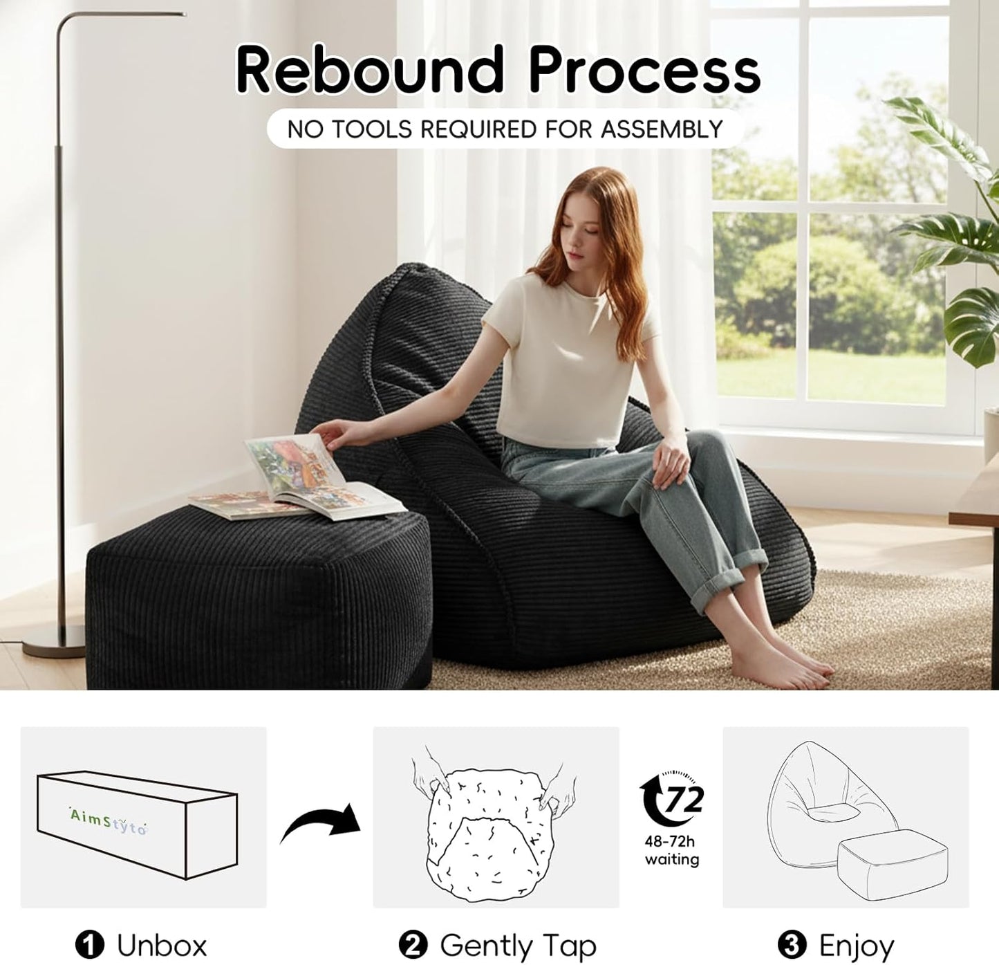 Bean Bag Chair with Ottoman for Adults, Large Corduroy Bean Bag Couch, Boneless Chaise Lounge Reading Chair with High-Resilience Foam, Floor Lounger for Bedroom Living Room (Black)