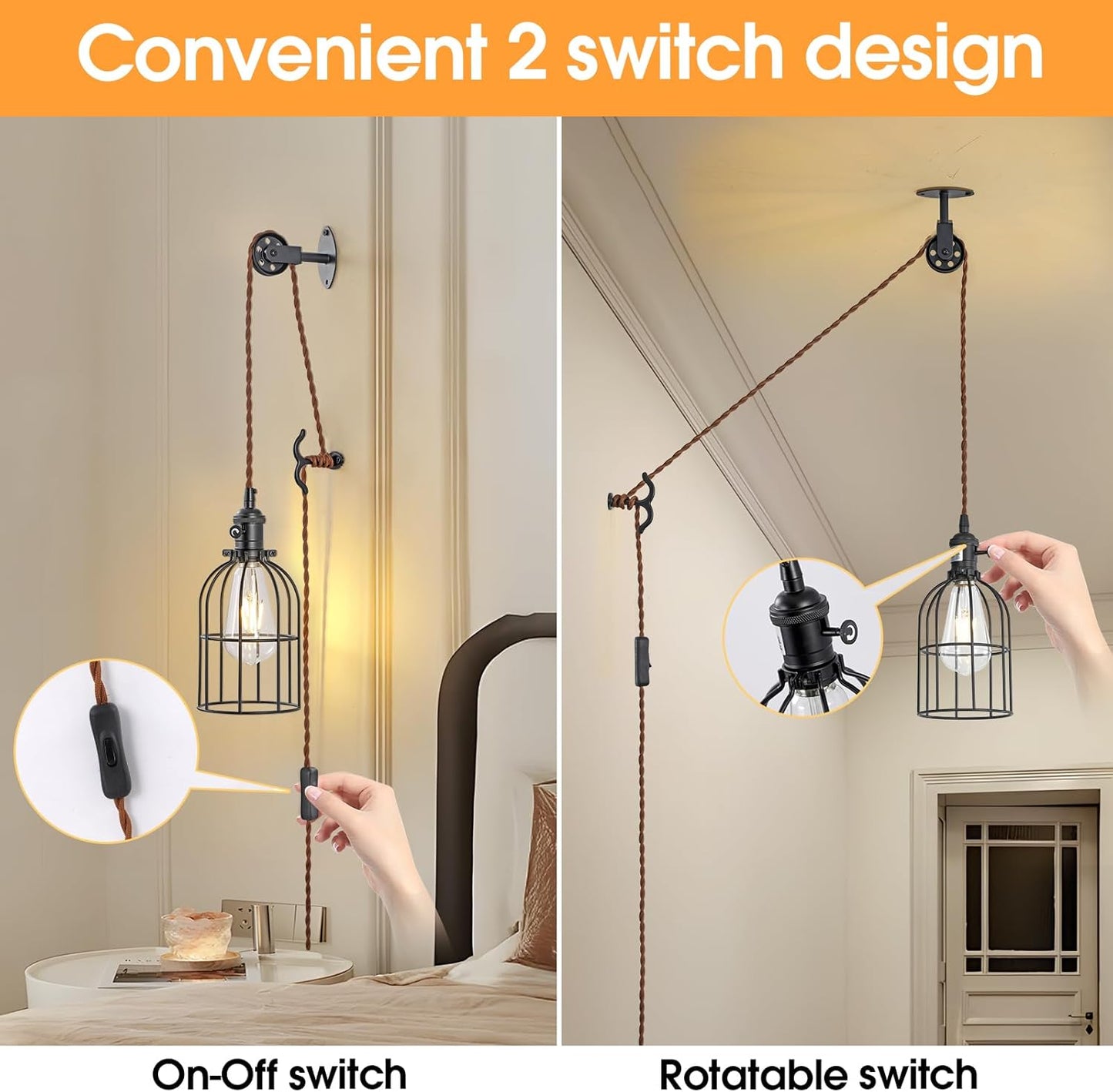 SEEBLEN Plug in Pendant Light Set of 2,Industrial Hanging Lamps that Plug into Wall Outlet,Farmhouse Pulley Pendant Light with Plug in Cord, Wall Lamps for Bedroom Living Room Kitchen.