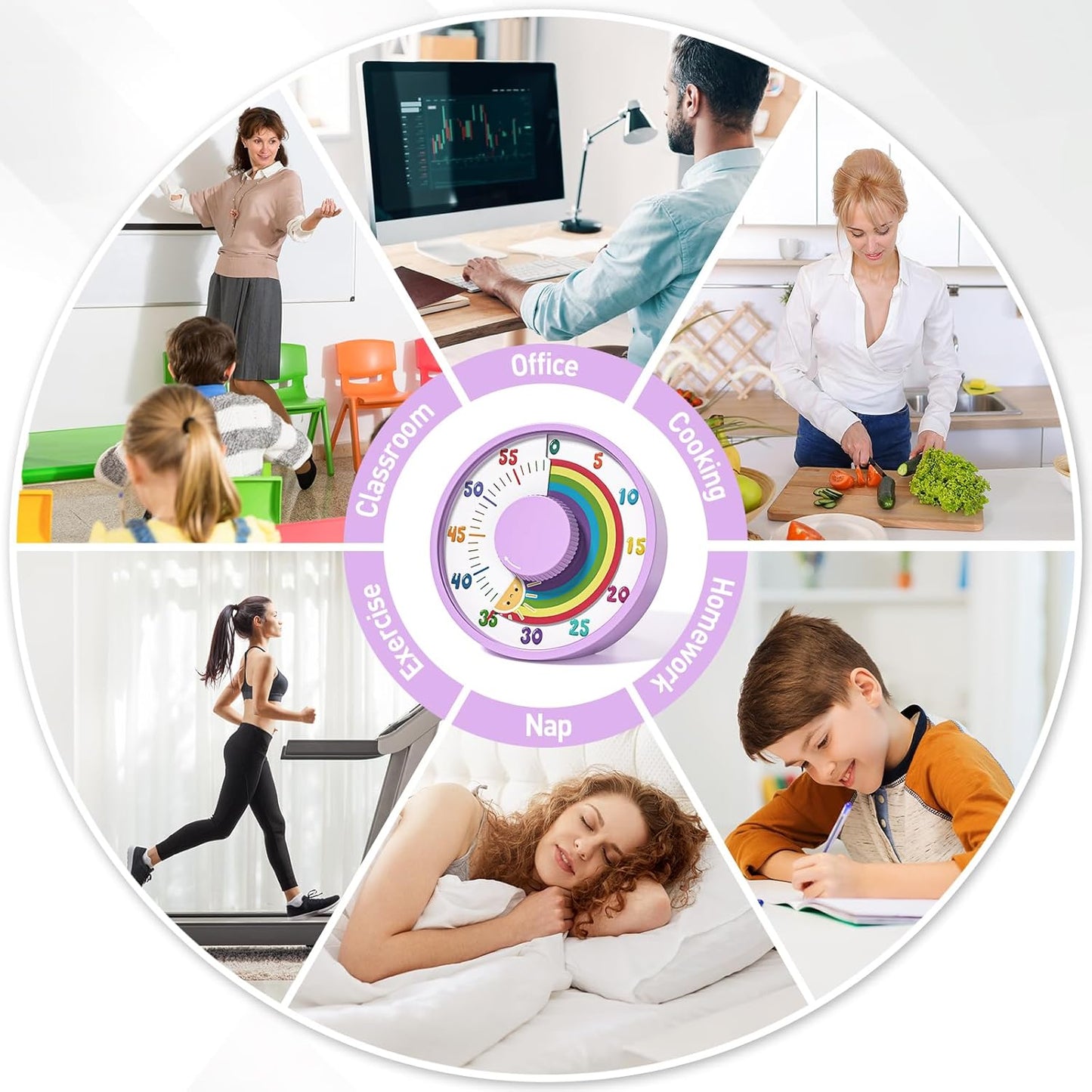 Secura 60-Minute Rainbow Visual Timer 6-Inch Mechanical Countdown Timers for Teaching, Meeting, Cooking, Working - Timer for Kids with Magnetic Backing (Purple)