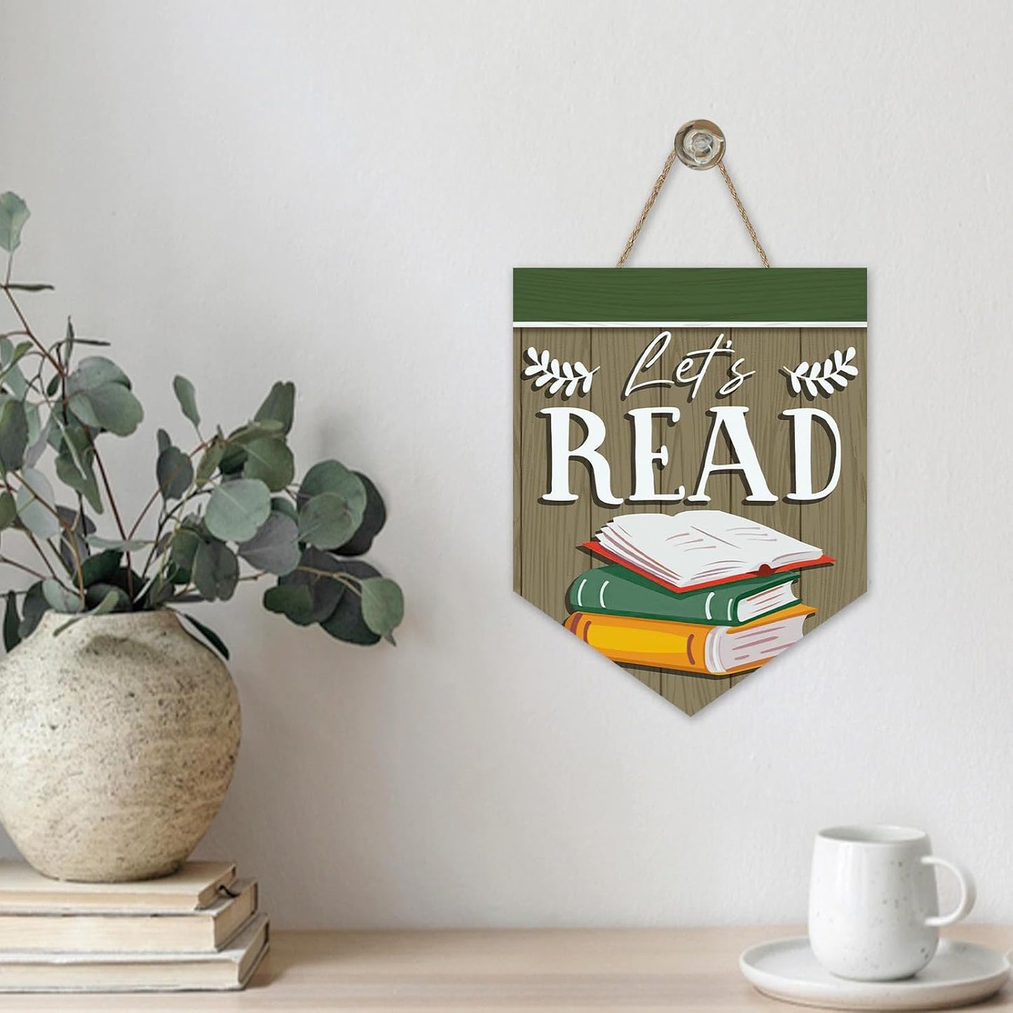 Reading Corner Let's Read Books Front Door Sign, Retro Inspirational School Classroom Library Wood Plaque Hanger, Farmhouse Wooden Wreath Indoor Wall Hanging Home Decor Book Lover Gift