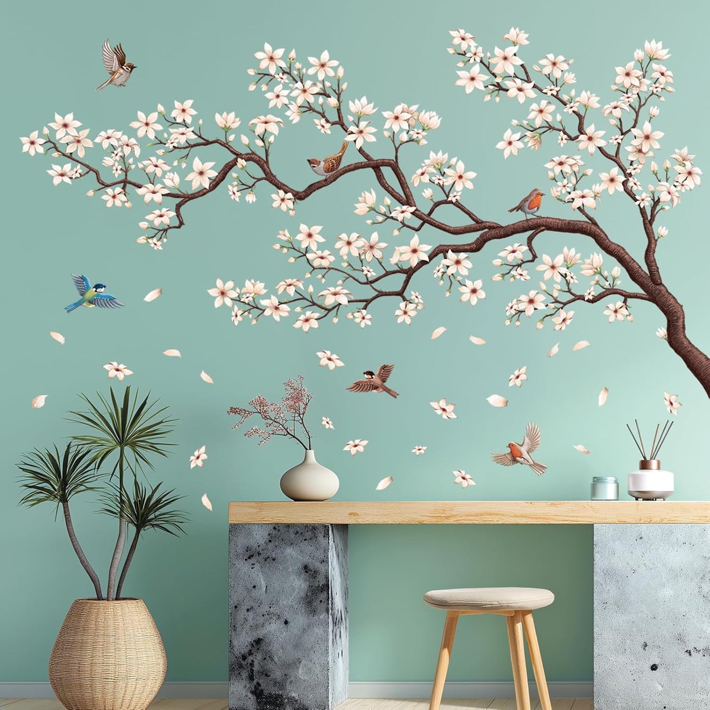 DECOWALL SG4-2317 Oriental Flower Tree Wall Stickers declas Kids Bedroom Cherry Blossom Birds Branch décor Decoration Floral Home Living Removable Nursery Mural DIY Room