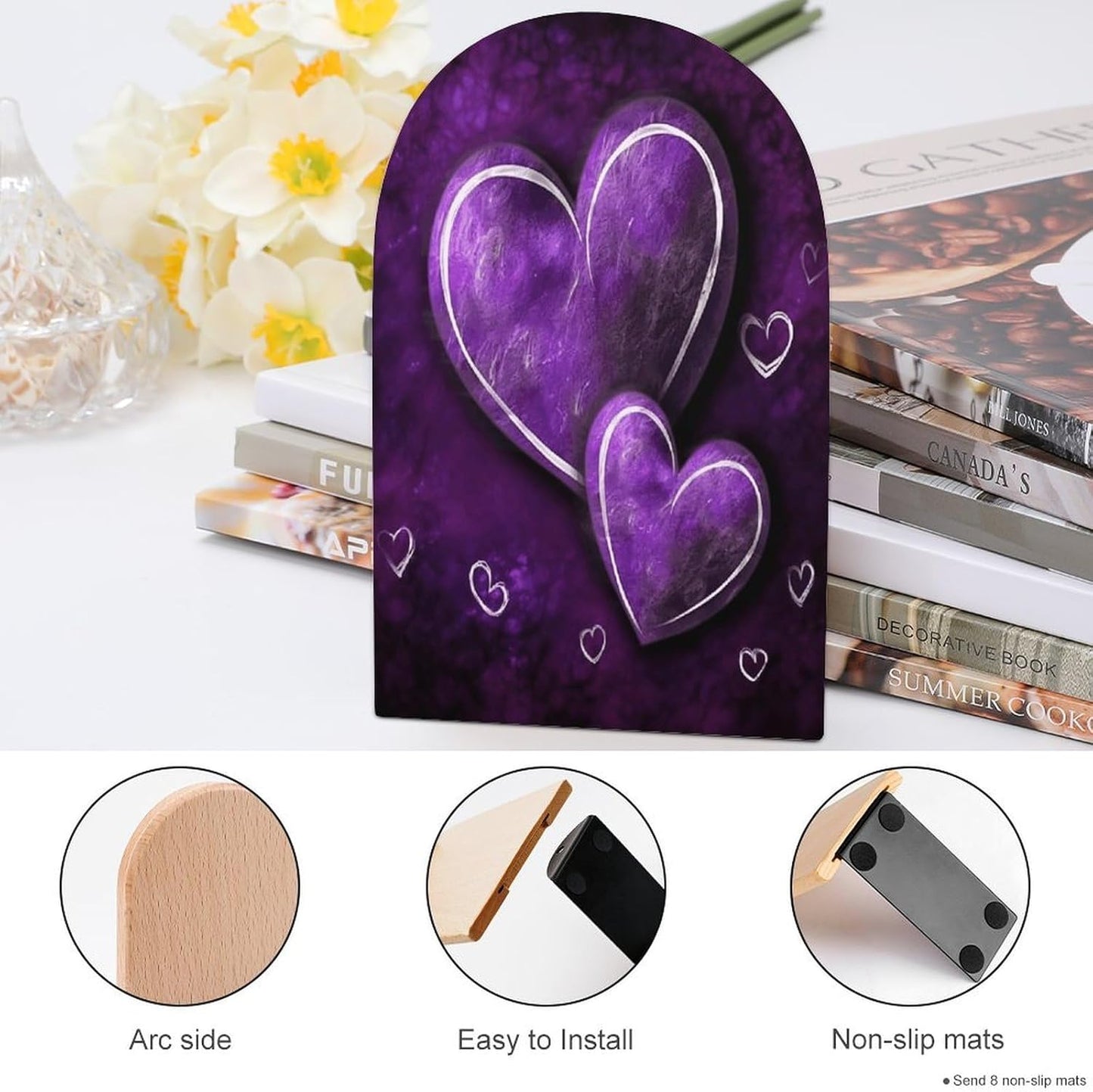 Purple Hearts Bookend for Shelves Wooden Book End Large Size Sturdy Book Holders Stoppers with Metal Base for Bookshelves Slick Decorative Bookends Stands